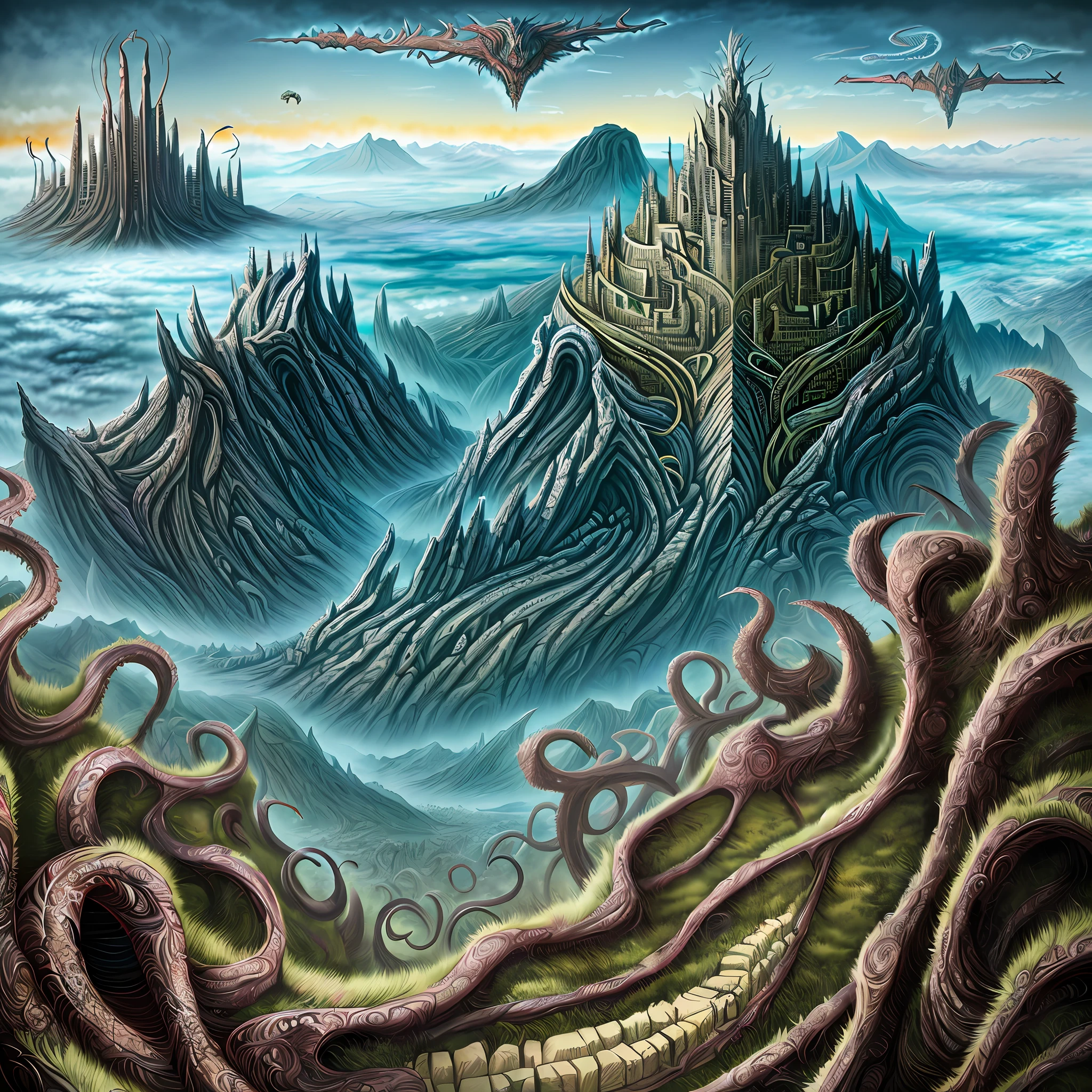 View from the top of the peak: Biomorphic landscape of madness with complex evil monuments and evil totems, a valley of monstrosity. Horror art, hyperdetailed, illustration, digital painting, color drawing, intricate details, overdetailed. Complex.