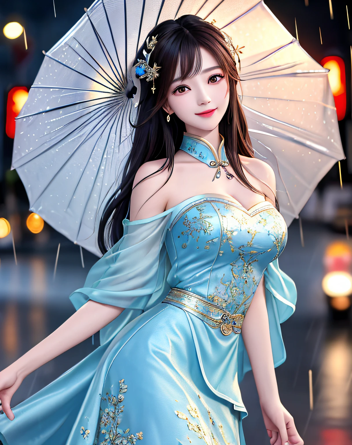 ((Best Quality, 4k, Masterpiece:1.3)), Focus:1.2, Chinese Beauty:1.4, Buttocks:1.2, ((Layered Haircut, Breasts:1.2)), (Wet Clothes:1.1), (Rain, Street:1.3), Bandeau Dress: 1.1, Highly Detailed Face and Skin Texture, Delicate Eyes, Double Eyelids, Whitening Skin, Long Hair, (Shut Up: 1.3), Smile