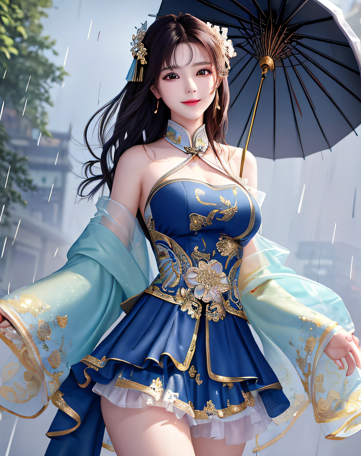 ((Best Quality, 4k, Masterpiece:1.3)), Focus:1.2, Chinese Beauty:1.4, Buttocks:1.2, ((Layered Haircut, Breasts:1.2)), (Wet Clothes:1.1), (Rain, Street:1.3), Bandeau Dress: 1.1, Highly Detailed Face and Skin Texture, Delicate Eyes, Double Eyelids, Whitening Skin, Long Hair, (Shut Up: 1.3), Smile