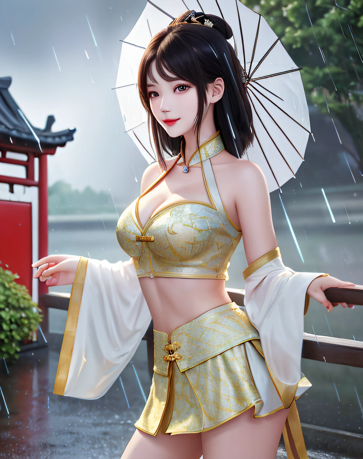((Best Quality, 4k, Masterpiece:1.3)), Focus:1.2, Chinese Beauty:1.4, Buttocks:1.2, ((Layered Haircut, Breasts:1.2)), (Wet Clothes:1.1), (Rain, Street:1.3), Bandeau Dress: 1.1, Highly Detailed Face and Skin Texture, Delicate Eyes, Double Eyelids, Whitening Skin, Long Hair, (Shut Up: 1.3), Smile