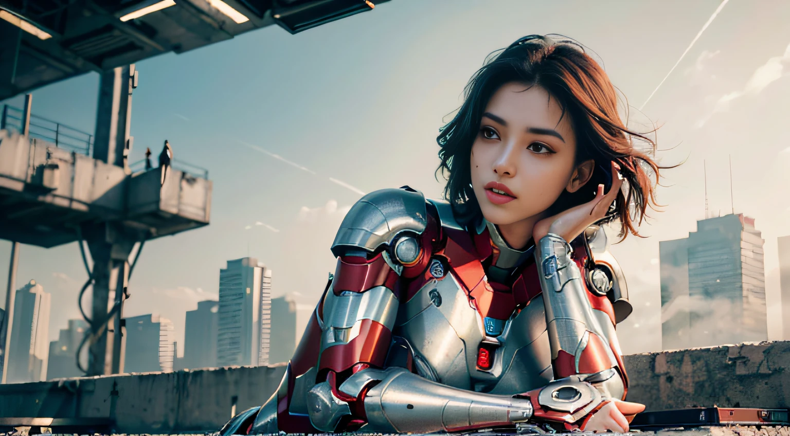 RAW, Masterpiece, Ultra Fine Photo,, Best Quality, Ultra High Resolution, Photorealistic, Sunlight, Full Body Portrait, Stunningly Beautiful,, Dynamic Poses, Delicate Face, Vibrant Eyes, (Side View) , she is wearing a futuristic Iron Man mech, red and gold color scheme, highly detailed abandoned warehouse background, detailed face, detailed and complex busy background, messy, gorgeous, milky white, high detailed skin, realistic skin details, visible pores , sharp focus, volumetric fog, 8k uhd, dslr camera, high quality, film grain, fair skin, photorealism, lomography, sprawling metropolis in futuristic dystopia, view from below, translucent