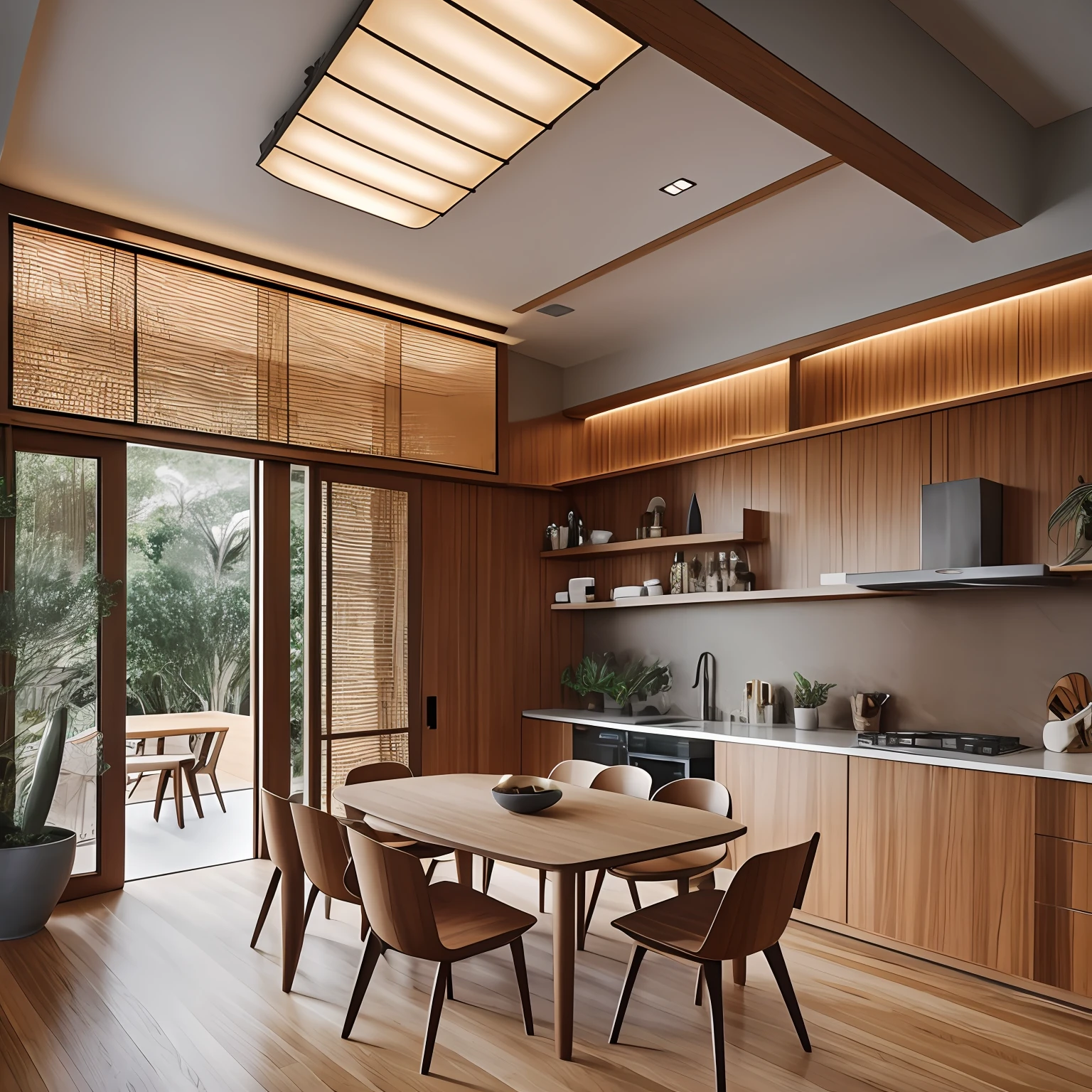 Interior design, incredibly detailed wide-angle architecture photography, cozy contemporary room (warm and bright sunlight 1:0.1), award-winning contemporary interior design, scenery, table, chair, indoors, hardwood floor, window, restaurant, east asian architecture, sliding doors, lamp, architecture,, nature, pantry, plant, INTERIOR DESIGN, interesting lights and shadows,  depth of field, low light, , --auto --s2
