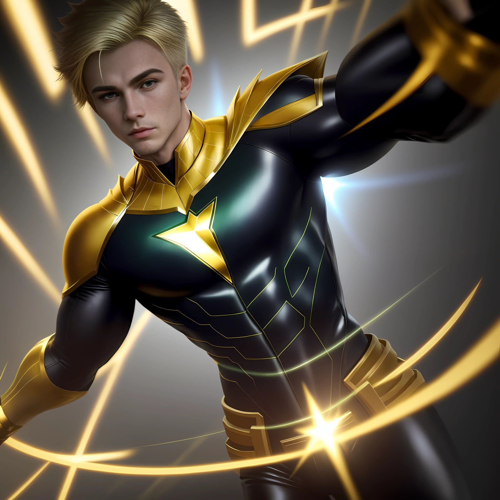 A young man, totally blonde hair, totally light green eyes, ultra realistic wearing an all-green gold and black superhero costume on his arms super realistic 3d, crisp skin showing pores, 8k