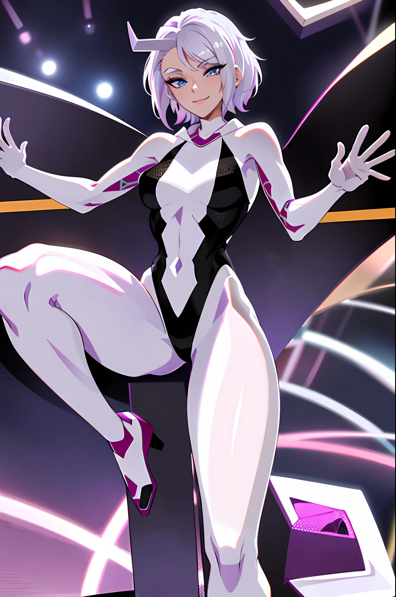 20 year old woman, detailed face and eyes, beautiful purple iris, white eyeballs, SpiderGwen, SFIV, hair horns, extremely delicate lips, (very suggestive smile:1.2), wicked smile, fighting pose, leg kicking, thick thighs, angry, purple eyes, long eyelashes, thick eyelashes, 8k uhd, HDR ,extremely detailed CGunity 8k wallpaper, city street, crowd of people,