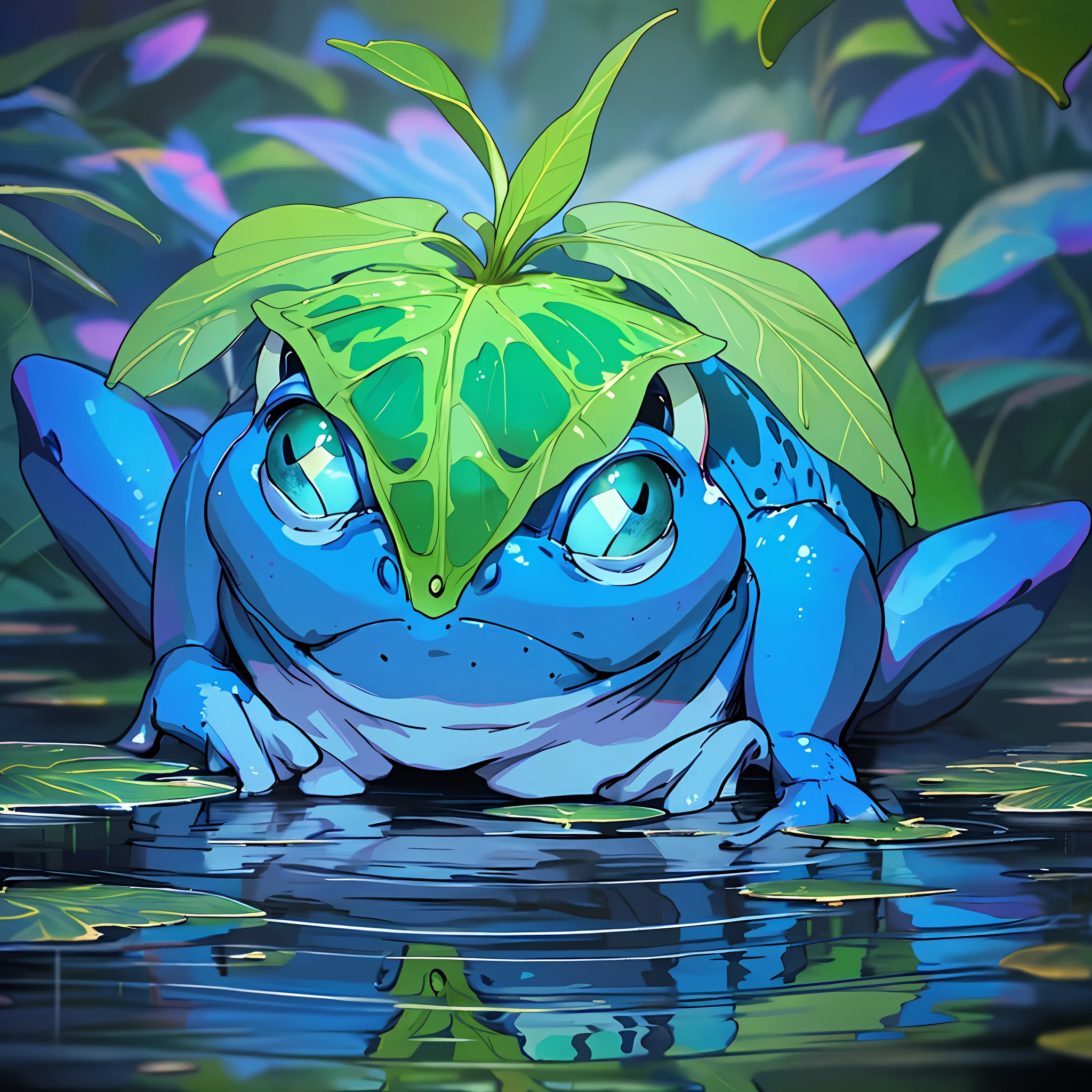 Blue frog, humid environment, various details, reflection, vivid colors, cinematic focus, 8k quality