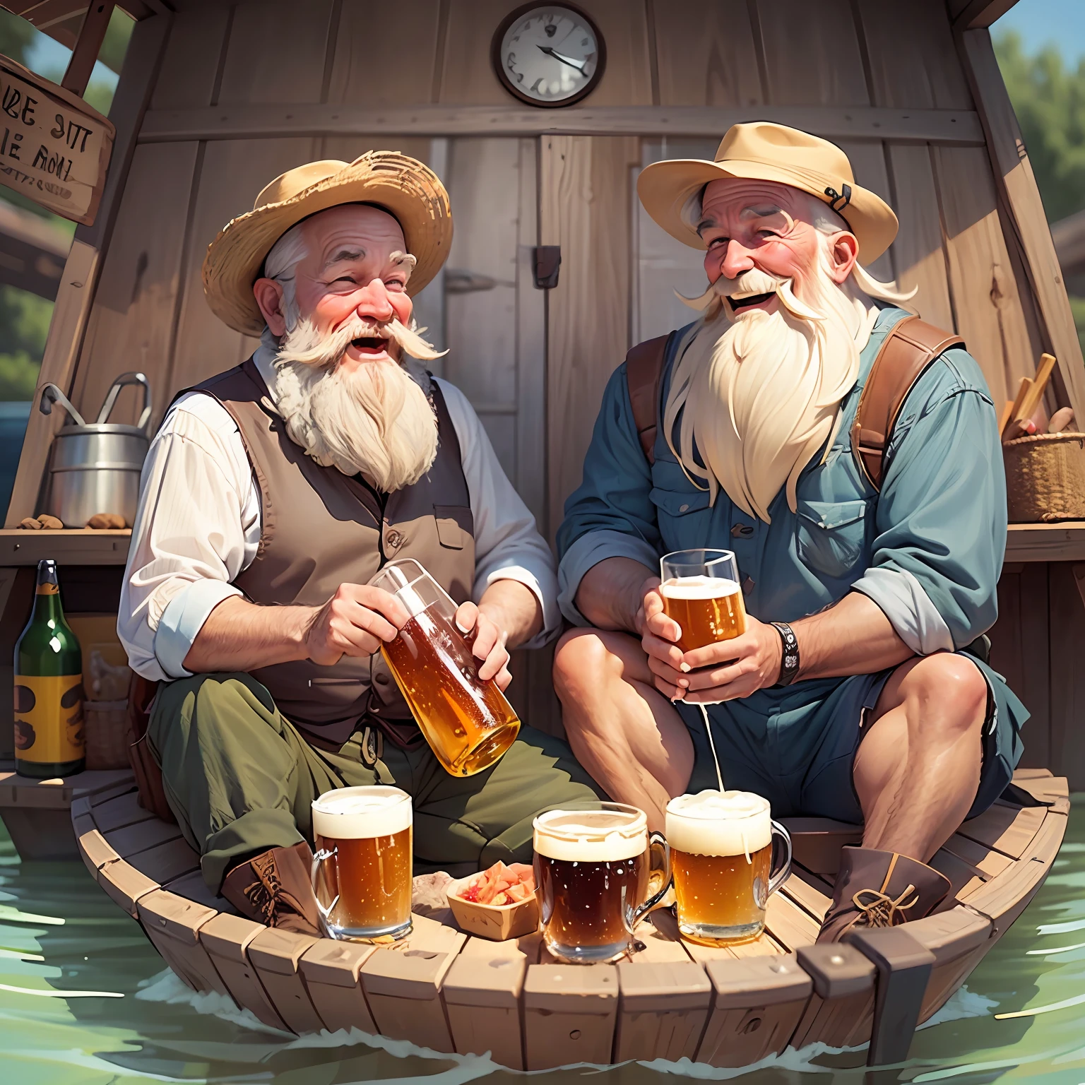 (Award-winning digital art: 1.3) from (Sketch: 1.3),(Energetic:1.3)funny cartoon of two old bearded fishermen laughing a lot, one brunette and the other white drinking beer sitting inside a small fishing boat. --auto --s2