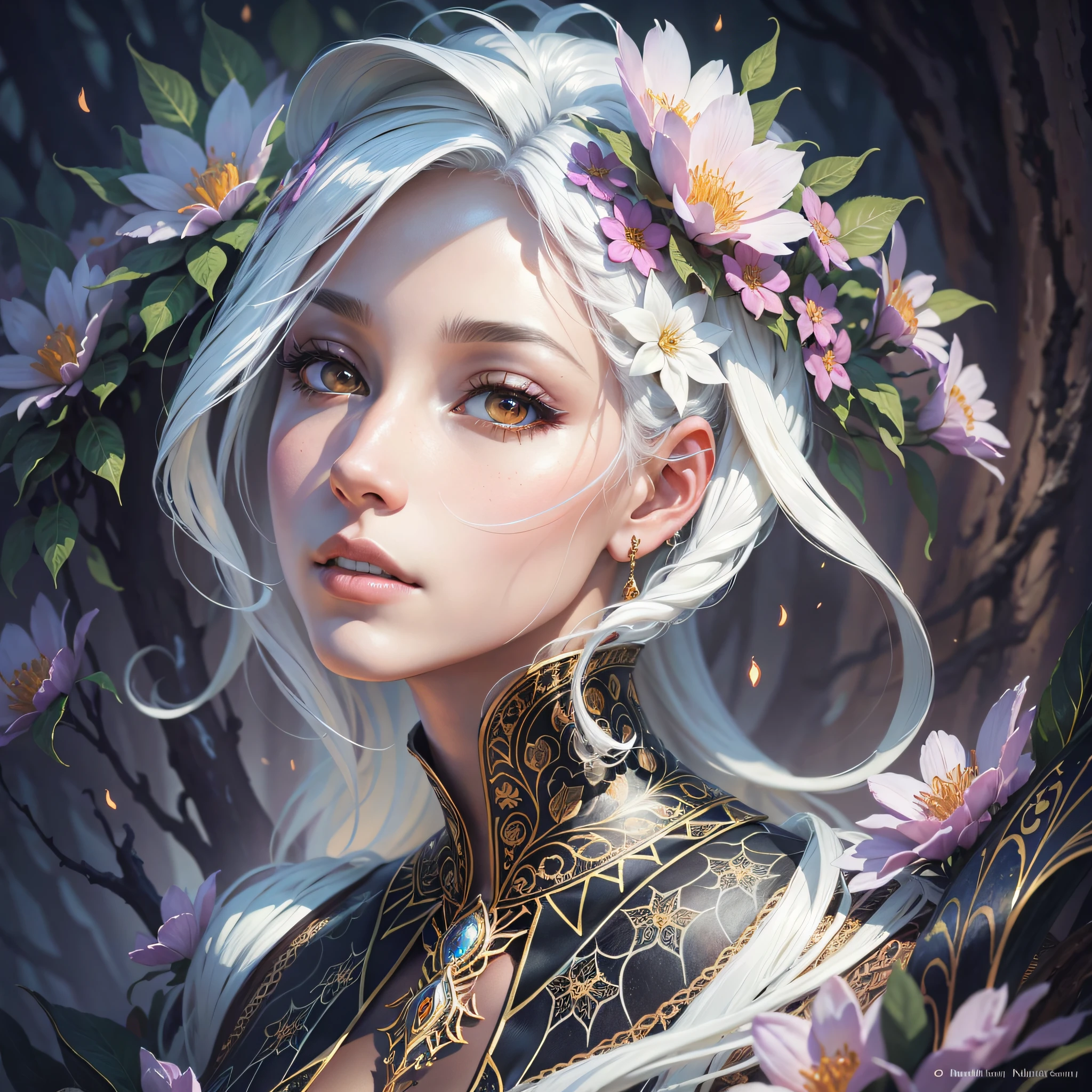 Queen of flowers, black beautiful woman, fantasy highly detailed, watercolor,creepy, , dynamic lighting, lights, digital painting, intricated pose, highly detailed, filigree, intricated, clarity, high quality, forest, complex background, dynamic lighting, lights, digital painting, intrecate pose, highly detailed, filigree, intricated, clarity, high quality, a light in the darkness, detailed oil painting, ultra highly detailed, 32k, sharp focus, luminism,, clear eyes, realistic, extremely delicate and beautiful, intricate detail, beautifully painted, intricately detailed, triadic colors, deep color, digital art, golden ratio, symetrical eyes, centered, highly detailed watercolor manga painting, surrealism, luminism, mystical, white hair