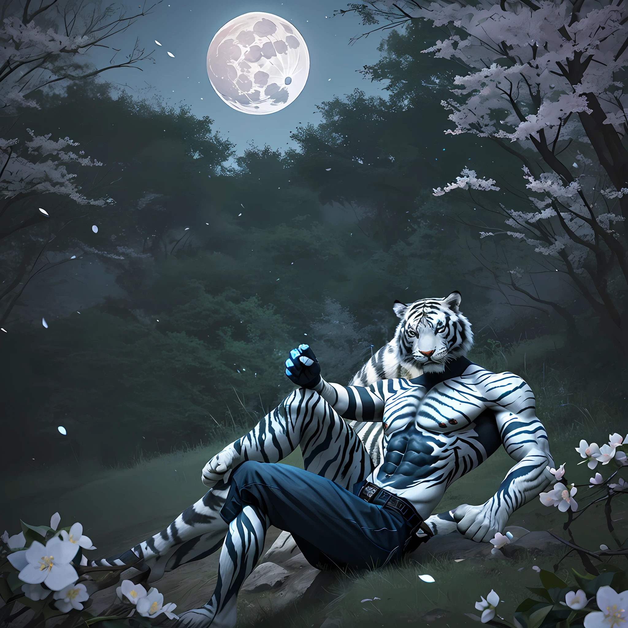 White were tiger, black stripes, muscular, blue glowing eyes, sitting under a blossom tree, at night, full moon, solo, cowboy shot, male, masterpiece