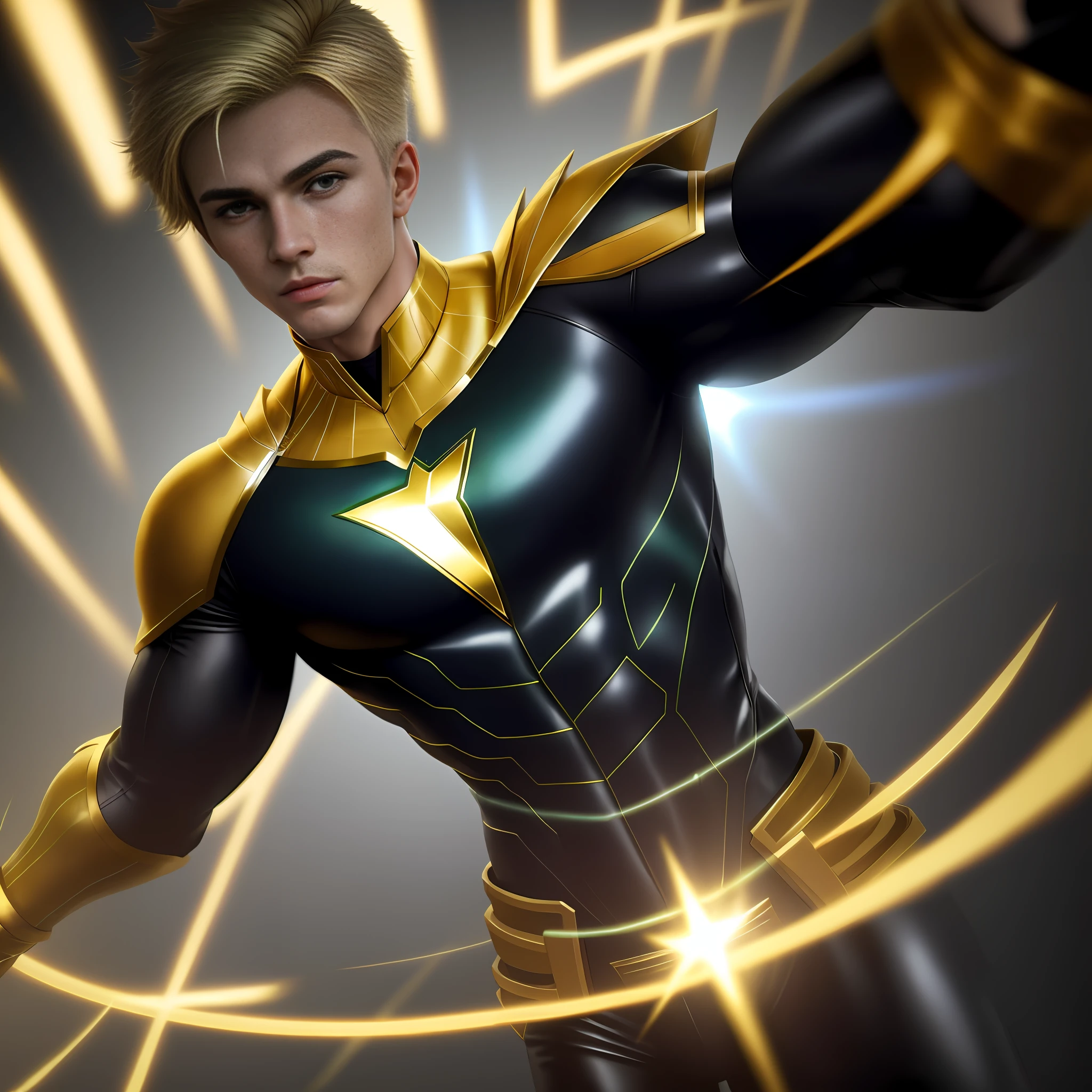 A young man, totally blonde hair, totally light green eyes, ultra realistic wearing an all-green gold and black superhero costume on his arms super realistic 3d, crisp skin showing pores, 8k