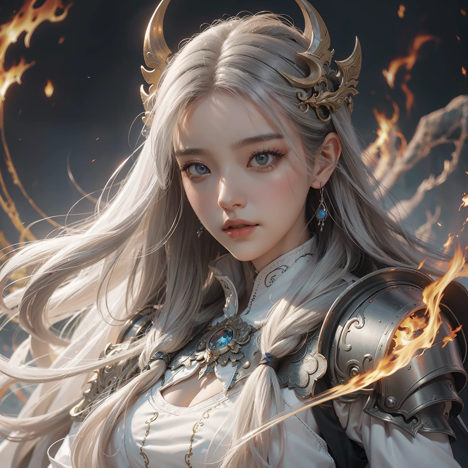 a close up of a woman in a white cloth dress, fire getting out her hair, chengwei pan on artstation, by Yang J, detailed fantasy art, stunning character art, fanart best artstation, epic exquisite character art, beautiful armor, extremely detailed artgerm, detailed digital anime art, artgerm on artstation pixiv, armor girl