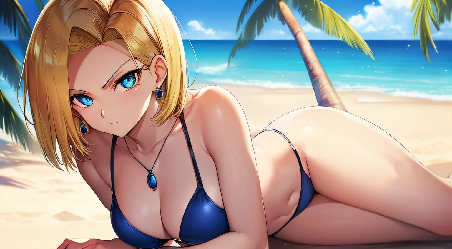 ((Oil Painting)), (((Medium Small Tits))), ((Beautiful body)) . A young woman, ((Android 18)) of ((Dragonball Z)), short hair, blond hair, blue eyes, serious look, ((sapphire jewelry pendant)), ((dark blue bikini)), rounded ear, ((on the beach next to a palm tree)), sunny day, 4k quality, ((Cell Shading)), natural light, hyper detailed, highly detailed, full screen, (sharper detailed background), (hair falling on the shoulders better done), detailed eyes, detailed hair, detailed clothes, ((detailed body)), cleaner designs, (better shadow play), refined armor, shiny eyes, ((more detailed hands)), (shiny objects like jewels), firmer shapes, (detailed face), (see creases on clothes), (harmonious background), shiny hair, (in far view the more detailed eyes), (better position of arms and hands), ((more rounded eyes transparent liquid globular)), (background anime manga drawing - full screen), more pronounced colors, (more coherent clothing), (correct the features of the clothes), (arm well aligned), (better fingers), (magic effect), muscle, perspiration effect, beautiful legs, beautiful hands, (ears better done), (better eyes contour), (pretty arms), (pretty feet), (same eyes color), (see back body), (see back bikini), (lower body the right way), (pretty nose), (pretty lip), (sharper lower eyes), ((normal breasts)), (slimmer body), harmonious look, harmonious body, harmonious finish, ((Drawing anime, manga, comics: 2.0)), ((coarser line: 2.0)), ((black line: 2.0)), ((color: 2.0)), ((own: 2.0)), ((colors contrast: 2.0)), ((black outline: 2.0)), (( black outline: 2.0)), ((adjusted colors contrast: 2.0)), ((shadow play: 2.0)), ((Beautiful Manga Eyes: 2.0)),