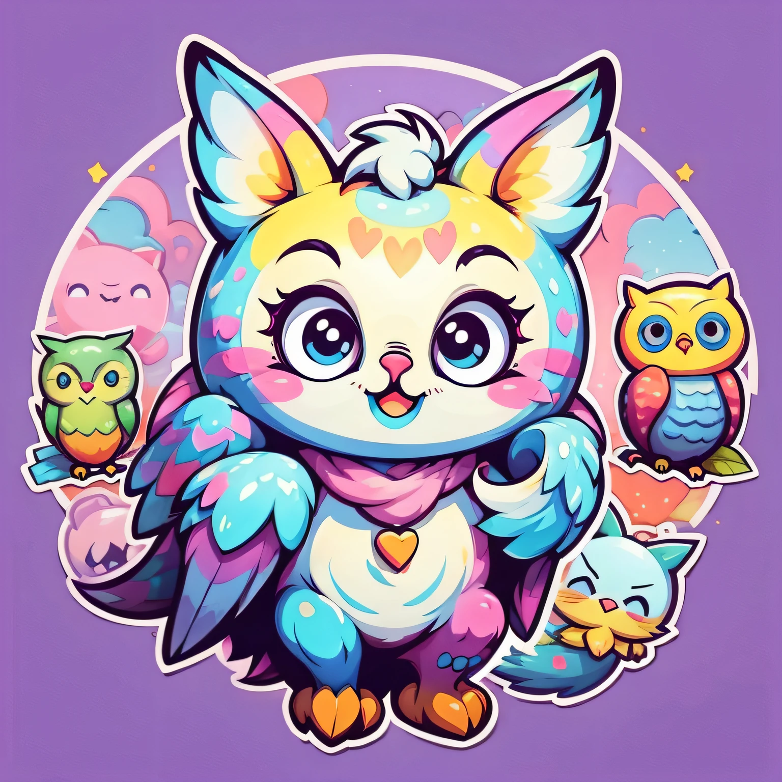 sticker, Happy Colorful Owl wearing Headohones, kawaii, contour, vector, white background --auto --s2