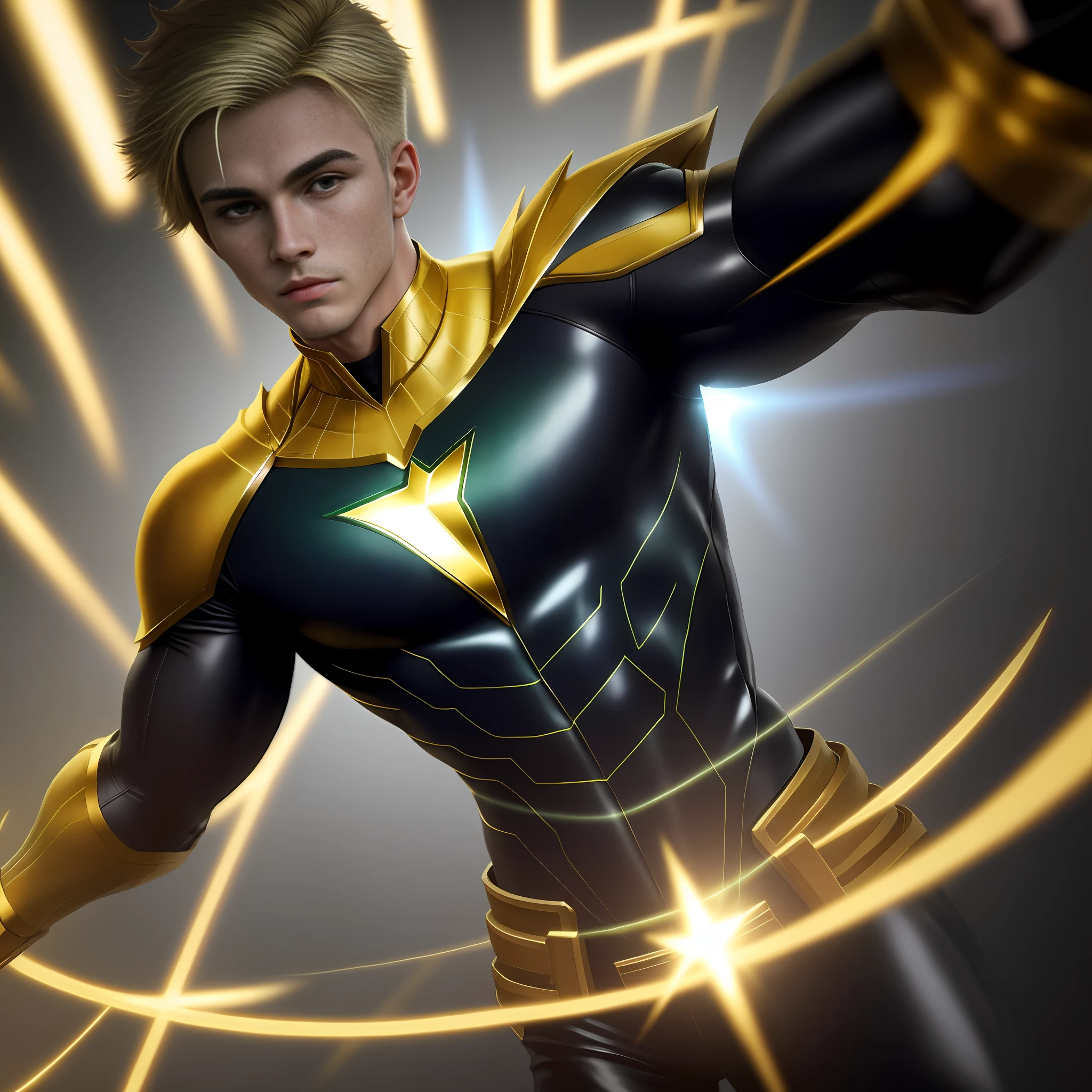 A young man, totally blonde hair, totally light green eyes, ultra realistic wearing an all-green gold and black superhero costume on his arms super realistic 3d, crisp skin showing pores, 8k