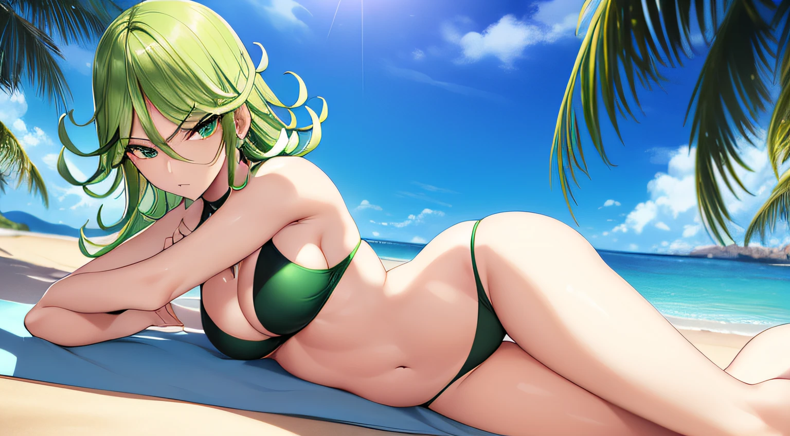 ((Oil Painting)), (((Medium Small Tits))), ((Beautiful body)) . A young woman, ((Tatsumaki)) of ((One punch man)), short hair, green hair, ((green eyes)), serious look, ((green jewelry pendant)), ((green bikini)), rounded ear, ((on the beach next to a palm tree)), sunny day, 4k quality, ((Cell Shading)), natural light, hyper detailed, highly detailed, full screen, (sharper detailed background), (hair falling on the shoulders better done), detailed eyes, detailed hair, detailed clothes, ((detailed body)), cleaner designs, (better shadow play), refined armor, shiny eyes, ((more detailed hands)), (shiny objects like jewels), firmer shapes, (detailed face), (see creases on clothes), (harmonious background), shiny hair, (in far view the more detailed eyes), (better position of arms and hands), ((more rounded eyes transparent liquid globular)), (background anime manga drawing - full screen), more pronounced colors, (more coherent clothing), (correct the features of the clothes), (arm well aligned), (better fingers), (magic effect), muscle, perspiration effect, beautiful legs, beautiful hands, (ears better done), (better eyes contour), (pretty arms), (pretty feet), (same eyes color), (see back body), (see back bikini), (lower body the right way), (pretty nose), (pretty lip), (sharper lower eyes), ((normal breasts)), (slimmer body), harmonious look, harmonious body, harmonious finish, ((Drawing anime, manga, comics: 2.0)), ((coarser line: 2.0)), ((black line: 2.0)), ((color: 2.0)), ((own: 2.0)), ((colors contrast: 2.0)), ((black outline: 2.0)), (( black outline: 2.0)), ((adjusted colors contrast: 2.0)), ((shadow play: 2.0)), ((Beautiful Manga Eyes: 2.0)),