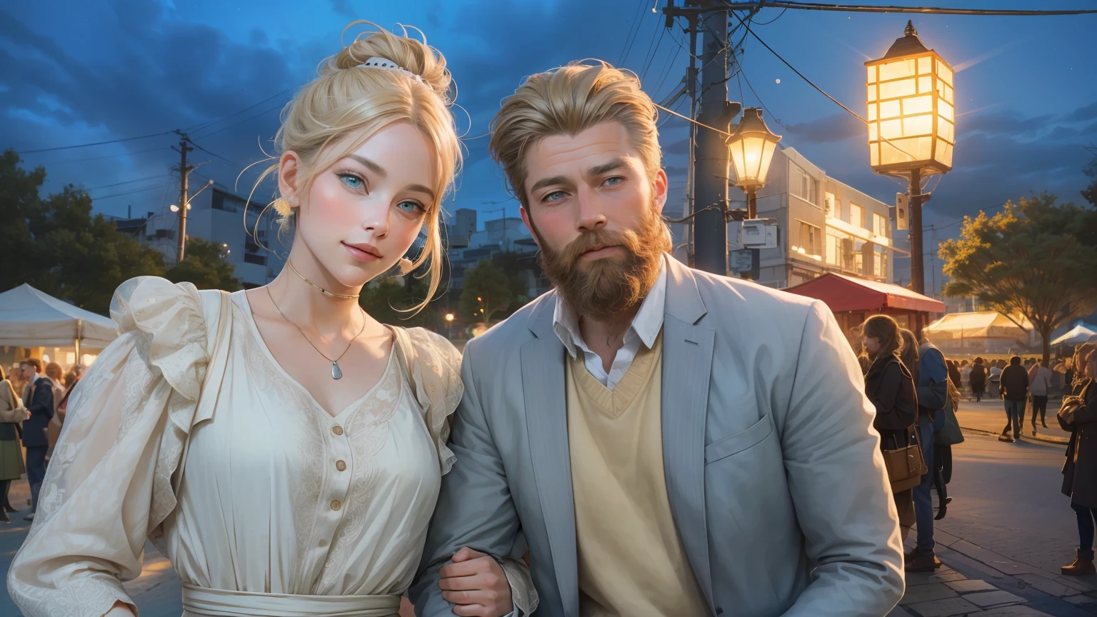 (1 blonde girl with green eyes), (1 adult man with beard), (masterpiece:1.2, best quality), girl with a bun, happy couple, (correct anatomy), a high resolution, (beautiful detailed faces), (detailed beautiful eyes: 1.2), ((anatomically correct hands)), (detailed 8k wallpaper, masterpiece, best quality, best shadow), ( detailed background), (depth of field, bokeh:1.2), (best illumination, an extremely delicate and beautiful), (male and female), semi-realistic, evening dramatic lighting, sunset sky, in the background festival