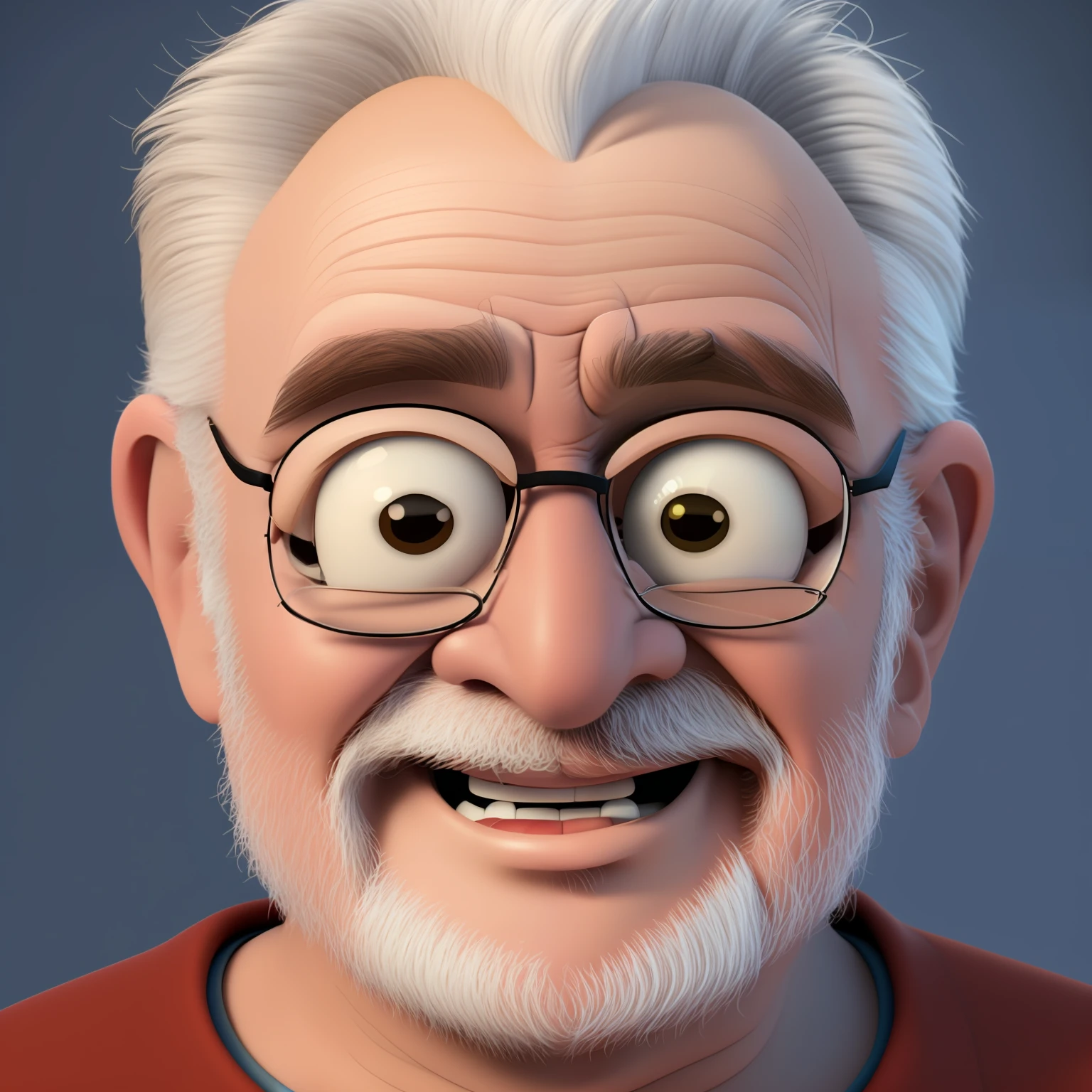 A happy grandpa, portrait, little hair, no background, cartoon, pixar style, 3d, looking at the camera, close-up, cartoons, detailed face, asymmetrical