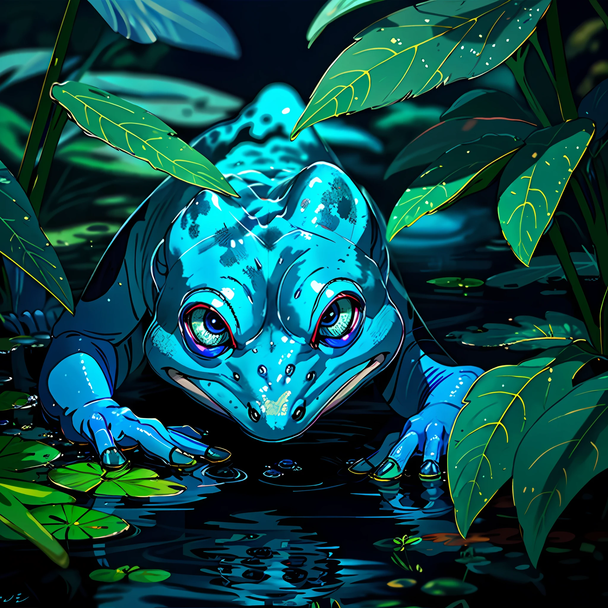 Blue frog, humid environment, various details, reflection, vivid colors, cinematic focus, 8k quality