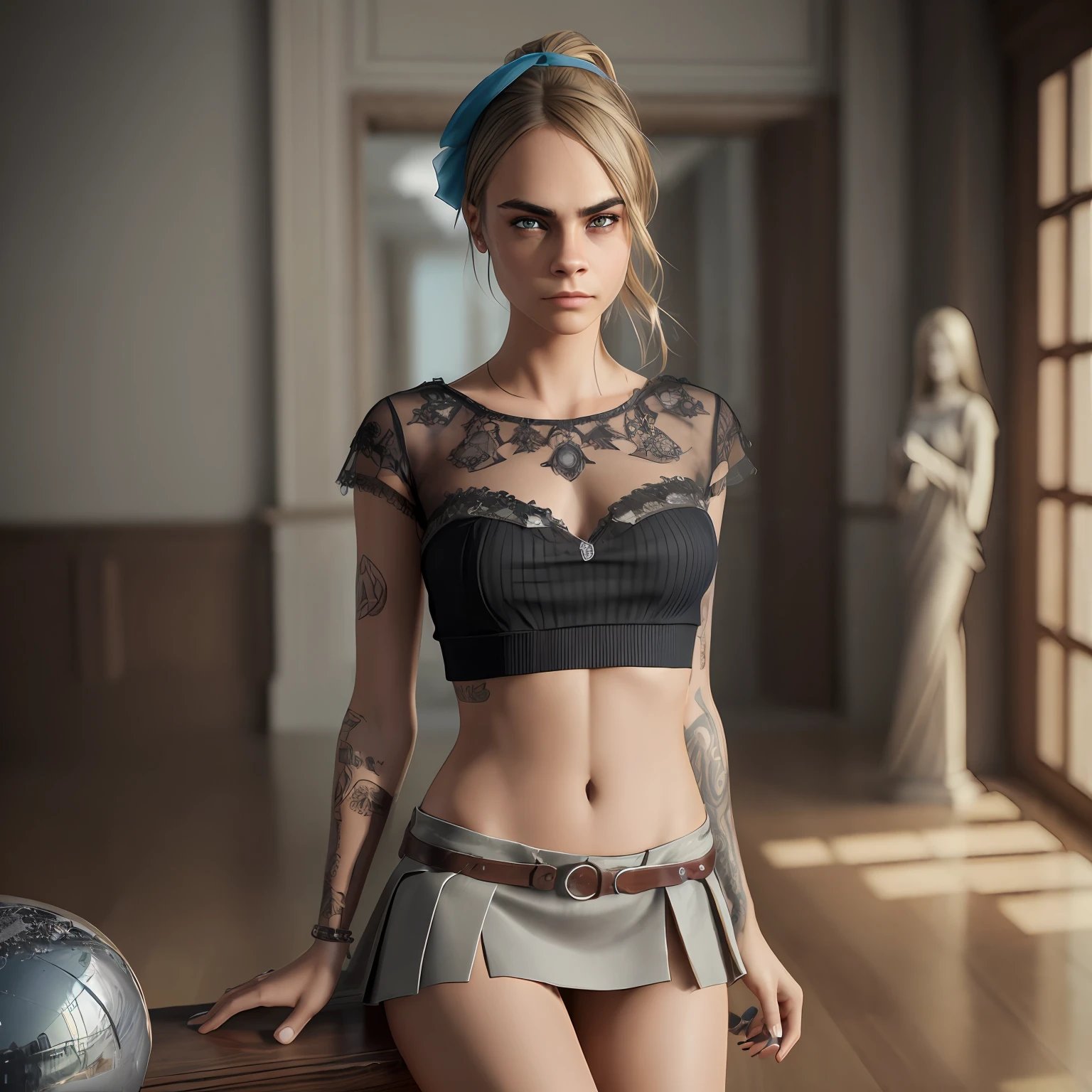 (cara delevingne: 4), sensual, (shredded shirt: 1.8), (torn miniskirt: 1.8), smiling, (beautiful eyes: 1.3), ((focus on eyes and mouth)), shy, (groin: 1.7), (groin: 1.5), collarbone, belly button, natural light, extremely detailed, 8yk, raw photo, high level of detail, (ray tracing), (masterpiece), (best quality), high resolution, (realistic: 1.4), physically based representation, ultra-realistic, full body --auto --s2
