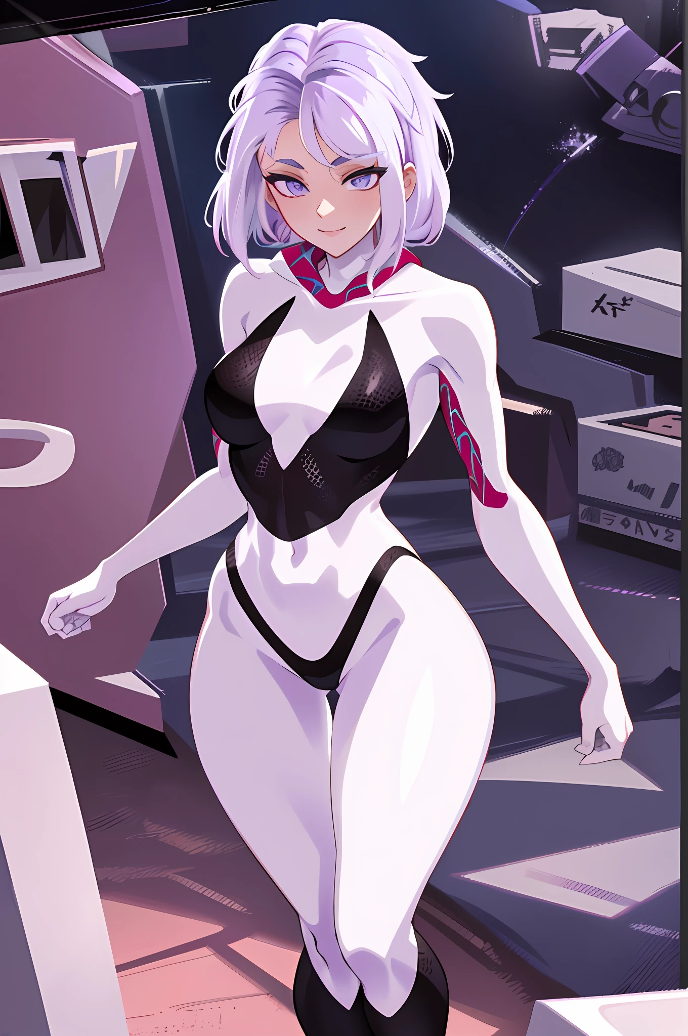 20 year old woman, detailed face and eyes, beautiful purple iris, white eyeballs, SpiderGwen, SFIV, hair horns, extremely delicate lips, (very suggestive smile:1.2), wicked smile, fighting pose, leg kicking, thick thighs, angry, purple eyes, long eyelashes, thick eyelashes, 8k uhd, HDR ,extremely detailed CGunity 8k wallpaper, city street, crowd of people,