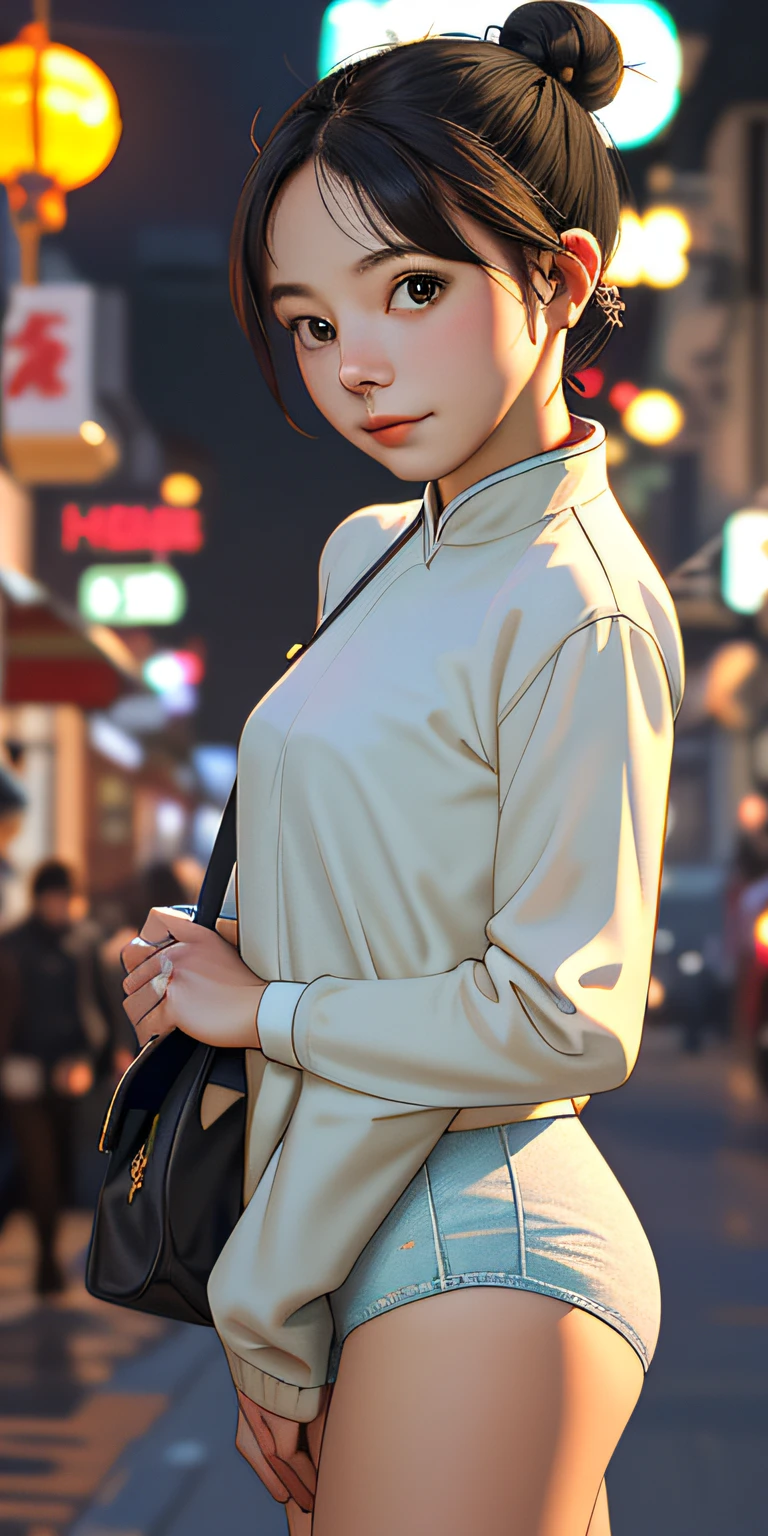 (best quality, masterpiece), 1girl, happy, underwear, standing, looking at viewer, blurry background, earrings, hair bun, night, china town,