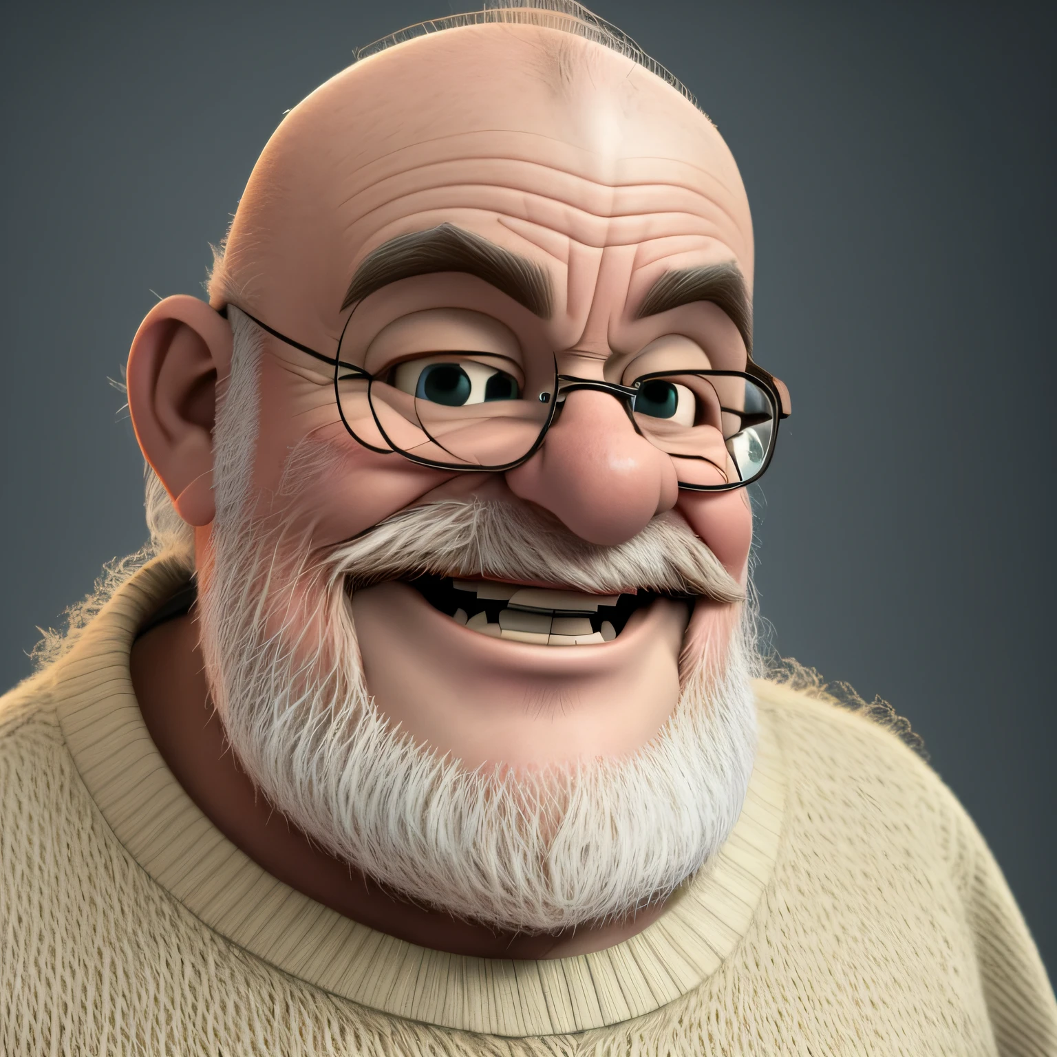 A happy grandpa, portrait, bald, background, cartoon, with beard, crooked teeth, pixar style, 3d, looking at the camera, close-up, cartoon, detailed face, asymmetrical