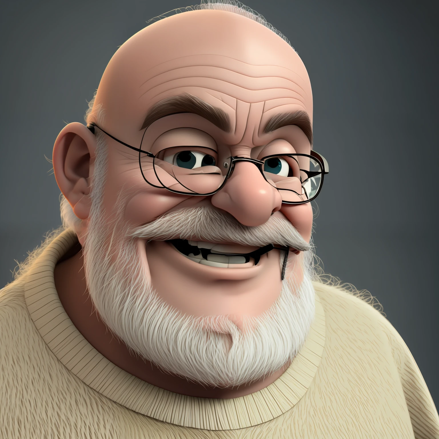 A happy grandpa, portrait, bald, background, cartoon, with beard, crooked teeth, pixar style, 3d, looking at the camera, close-up, cartoon, detailed face, asymmetrical