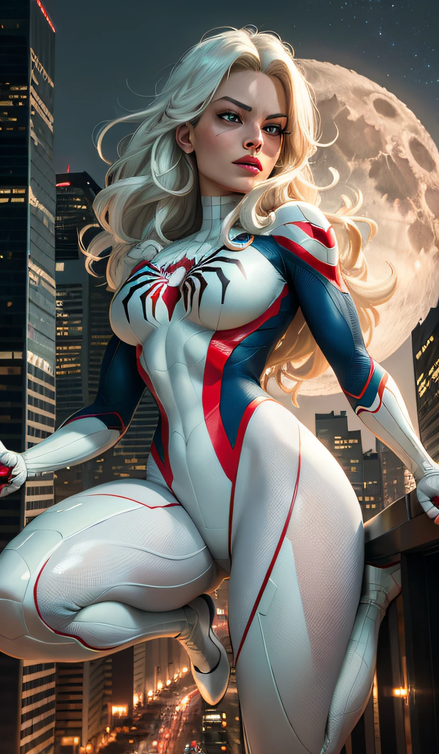 margot robbie (Masterpiece, 4k resolution, ultra-realistic, very detailed), (White superhero theme, charismatic, there's a girl on top of town, wearing Spider-Man costume, she's a superhero), [ ((25 years), (long white hair:1.2), full body, (blue eyes:1.2), ((Spider-Man pose),show of strength, jump from one building to another), ((sandy urban environment):0.8)| (cityscape, at night, dynamic lights), (full moon))] # Explanation: The Prompt mainly describes a 4K painting of ultra-high definition, very realistic, very detailed. It shows a superheroine at the top of the city, wearing a Spider-Man costume. The theme in the painting is a white superhero theme, the female protagonist has long white hair, is 25 years old and her entire body is shown in the painting. In terms of portraying the actions of superheroines, spiders are employed