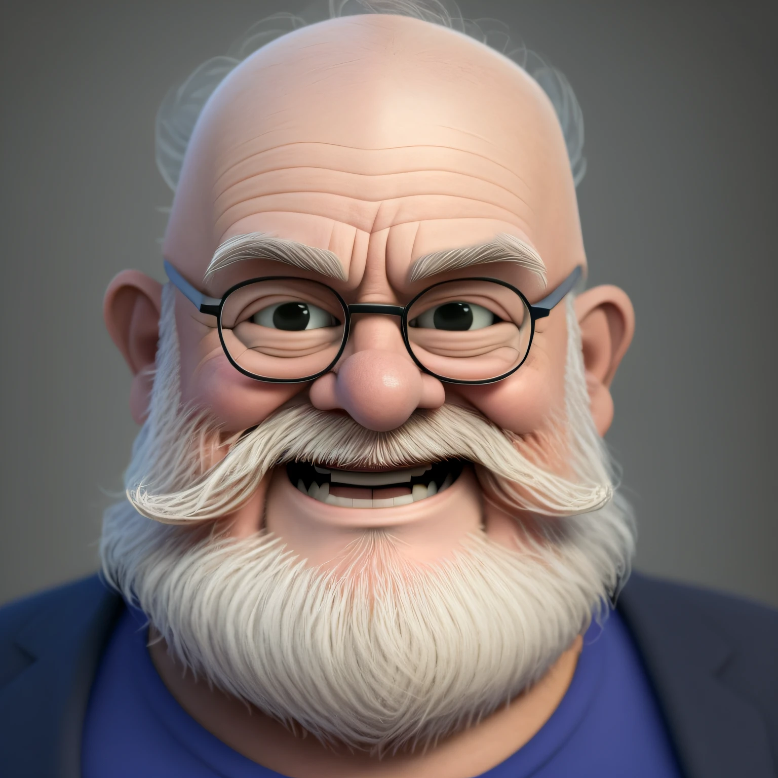 A happy grandpa, portrait, bald, background, cartoon, with beard, crooked teeth, pixar style, 3d, looking at the camera, close-up, cartoon, detailed face, asymmetrical