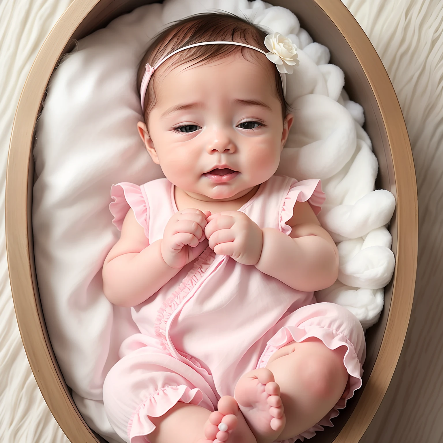 2 day old baby with fluffy jumpsuit, linen jumpsuit, female baby, white, pink cheeks, hairy