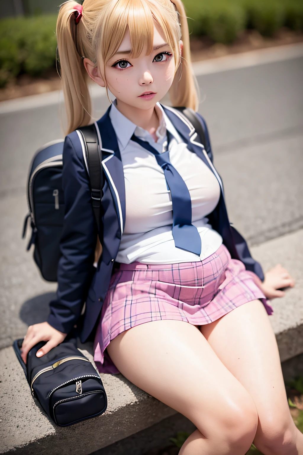 akizuki airi. oni chichi, masterpiece, best quality, super detailed, illustration, flat color, depth of field,
1 girl, young, anime, park, fell on the butt, sitting on the butt, legs in different directions, trying to get up, blonde, twintails, red pleated mini skirt, wet white button-down shirt, school uniform, serafuku, blue tie, no bra, black tights, small backpack, detailed skin texture, detailed fabric texture, beautiful detailed face, big breasts, blue eyes, pregnant, tired, pink panties, translucent, Offended, she cried