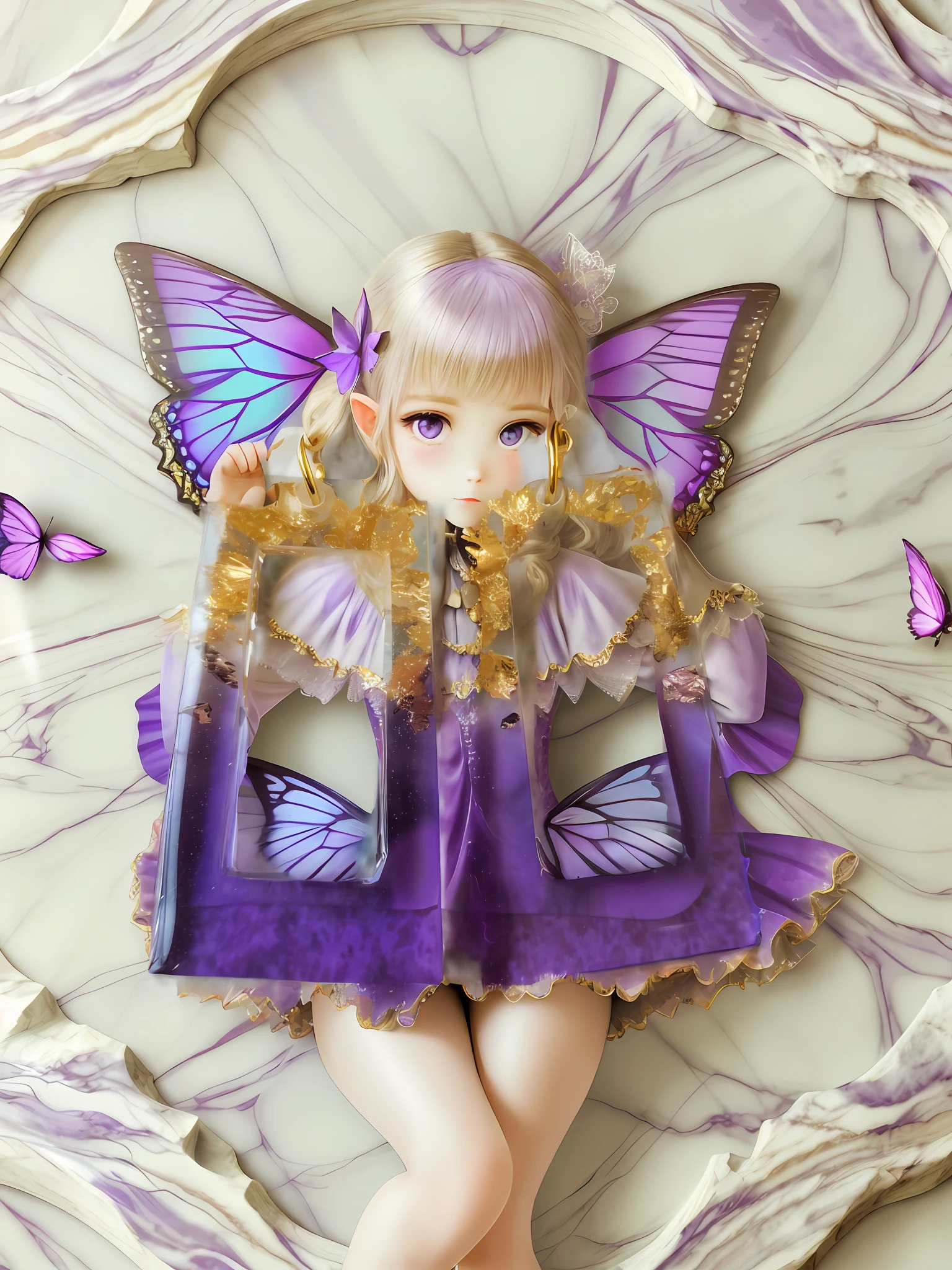 Purple butterflyes, fairy look, background Marble table