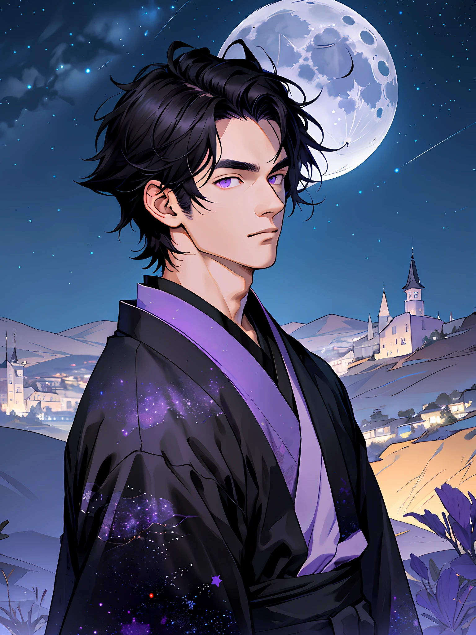 masterpiece, night sky, moon, hills, solo, upper body, portrait, 1boy, black hair, purple eyes, black kimono,