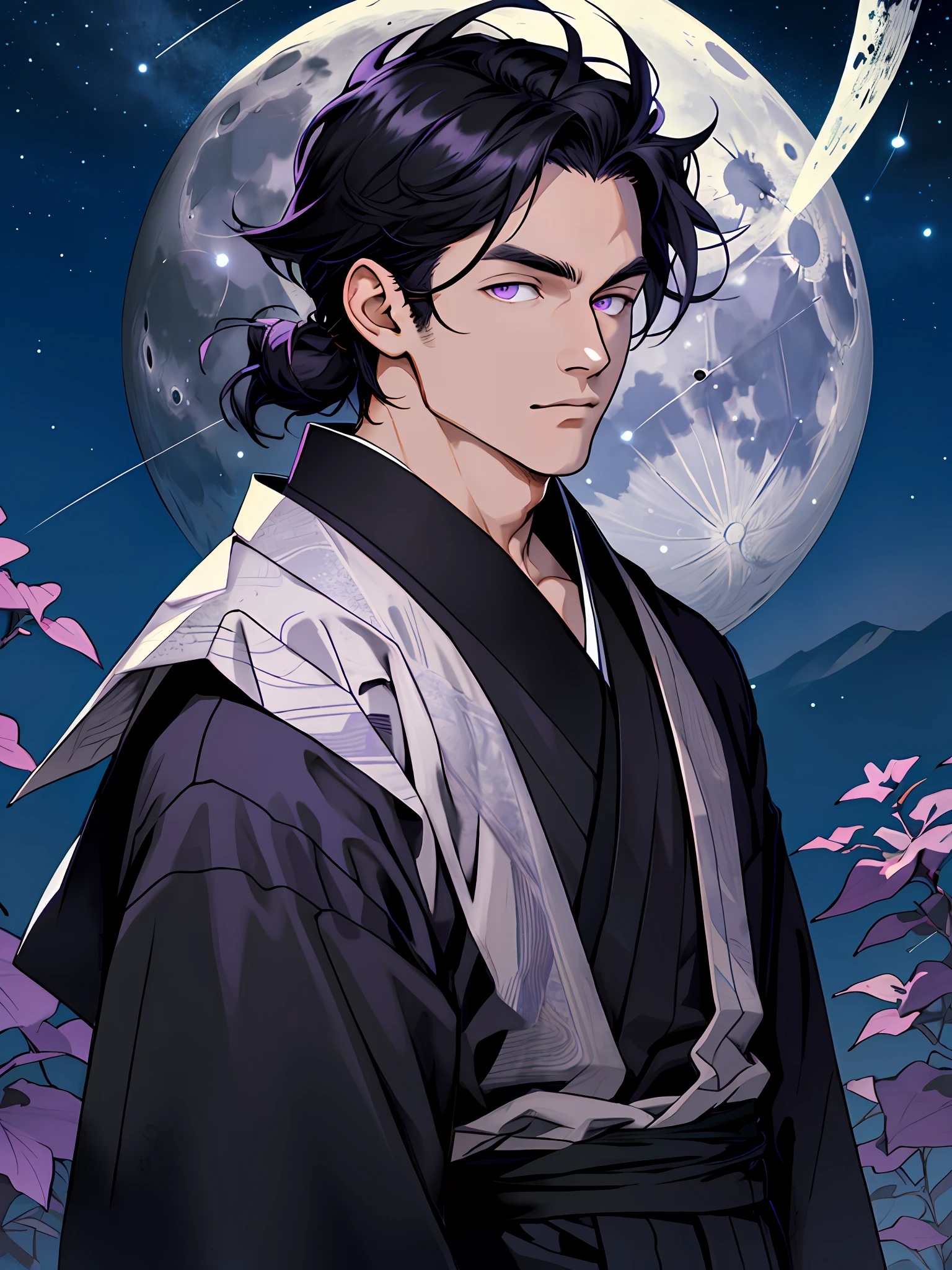 masterpiece, night sky, moon, hills, solo, upper body, portrait, 1boy, black hair, purple eyes, black kimono,