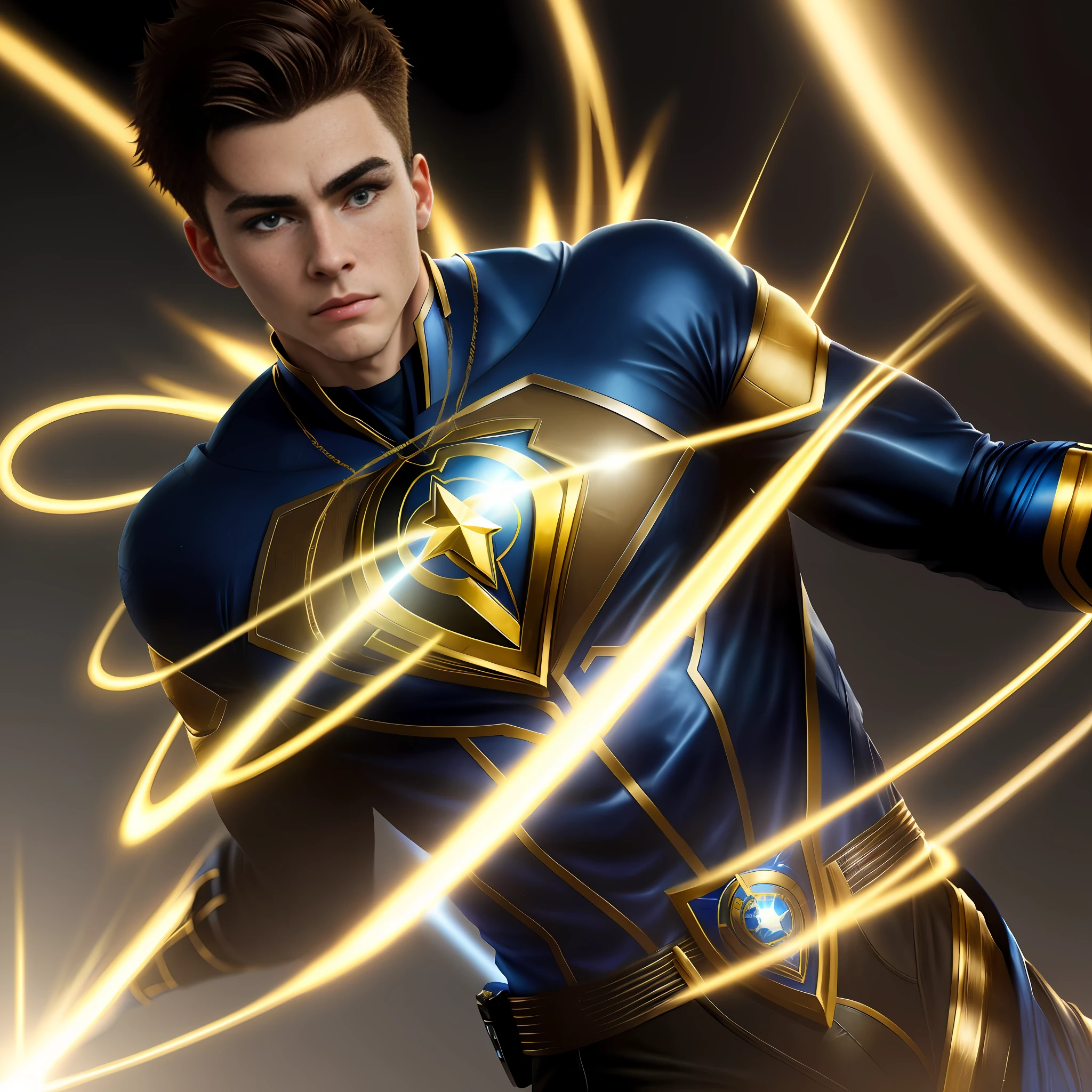 A young man, blue eyes, ultra realistic, wearing alternate blue gold and black superhero costumes, super realistic, 3d, sharp hair with pores, 8k, perfect eyes
