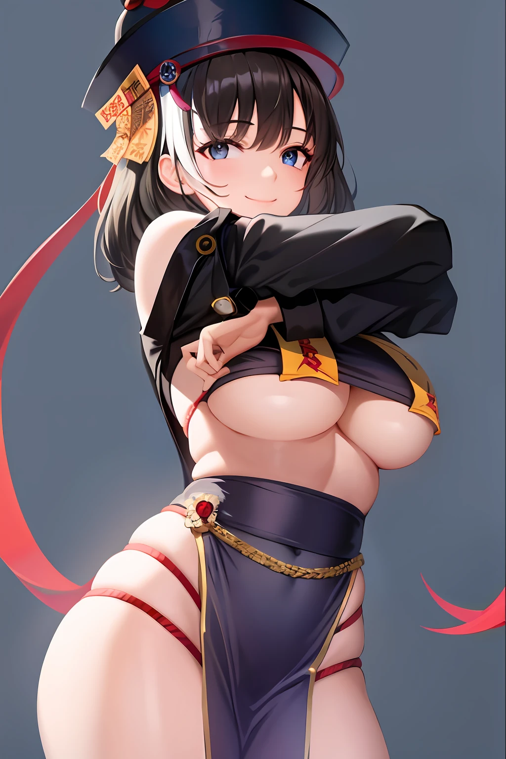 masterpiece,1girl,solo,black hair,underboob, hat,light_smile,ofuda,china dress, crossed arms,