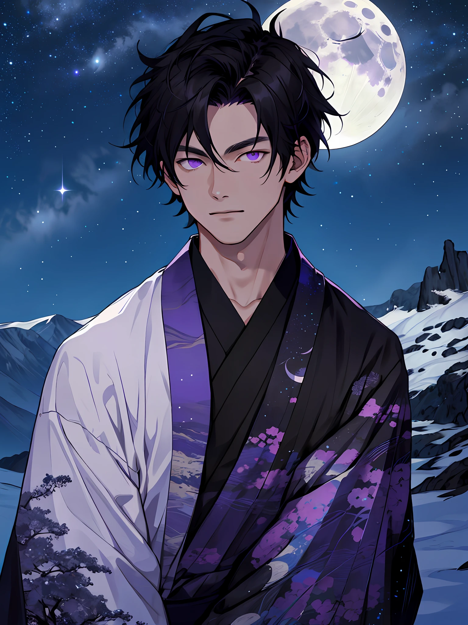 masterpiece, night sky, moon, hills, solo, upper body, portrait, 1boy, black hair, purple eyes, black kimono,