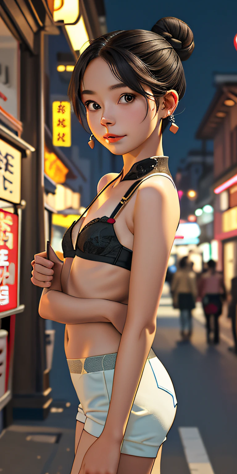 (best quality, masterpiece), 1girl, happy, short, bra, standing, looking at viewer, blurry background, earrings, hair bun, night, china town,