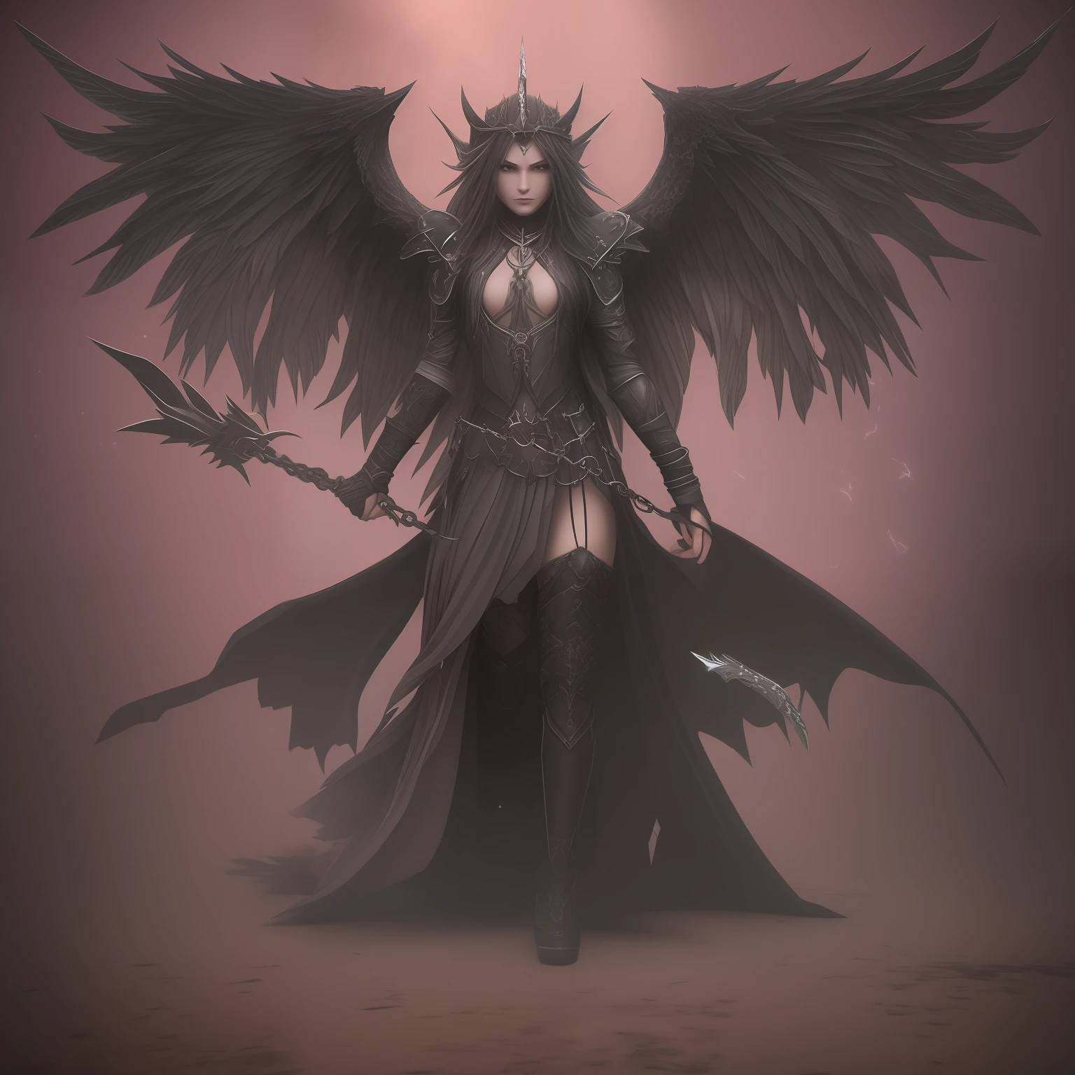 Fragile demon, black wings, human traits, pain, despair, mental confusion, chains, spear --auto --s2