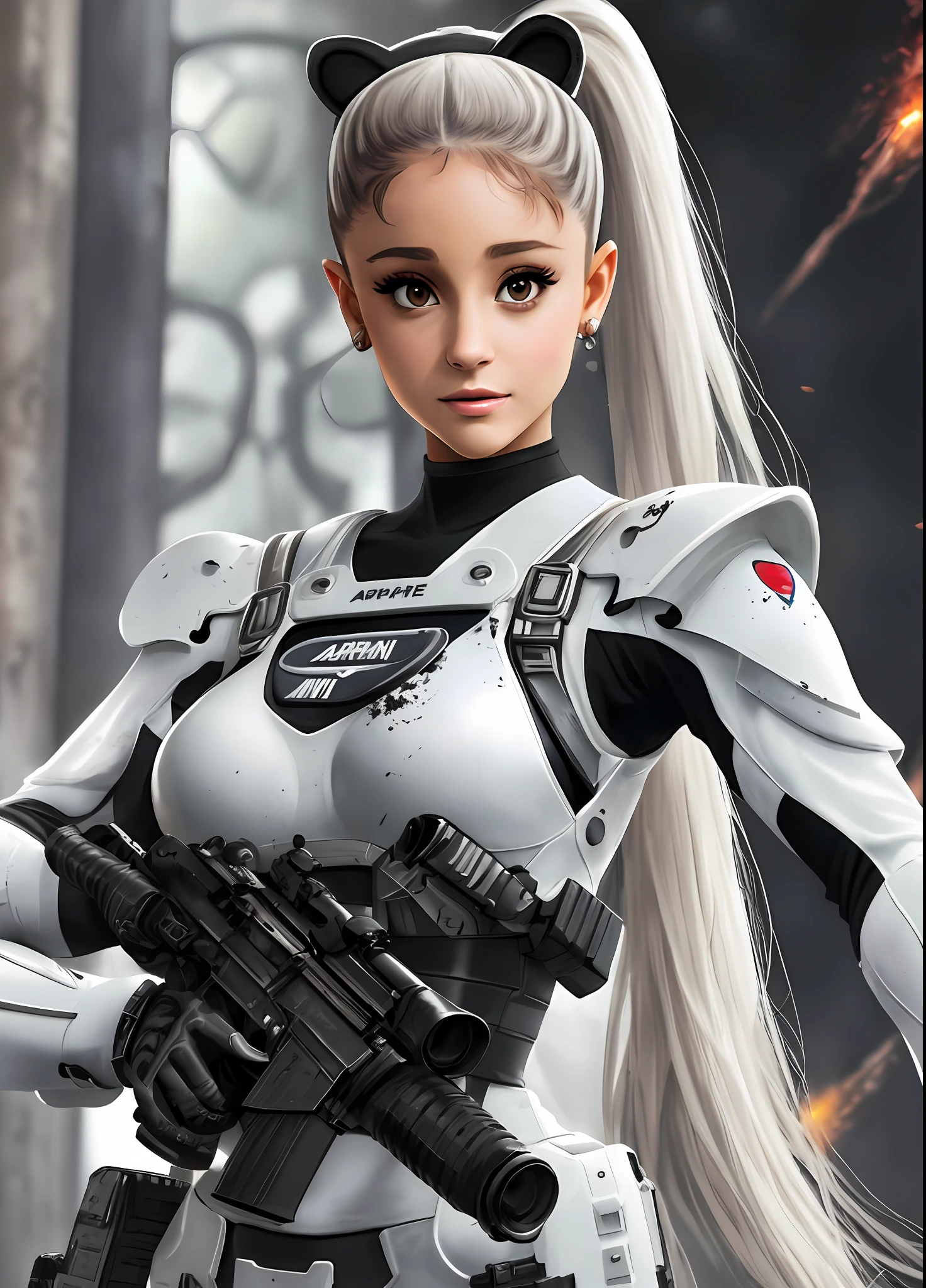 Ariana grande in special force suit, natural breast, high resolution, realistic art, fighting zombies, 1 mature female, 1 milf, solo, in white colored facility, blood splatter.