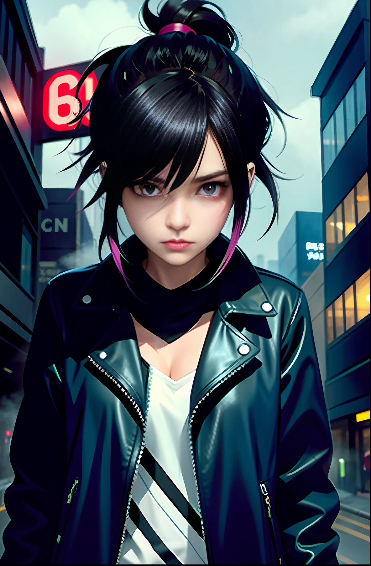 1girl, (Sketch: 1.2), Anime Key Visuals, Fog, Evil, Bauhaus Art, Dramatic Lights, Mysteries, Busy Streets, Street Lights, Neon Lights,