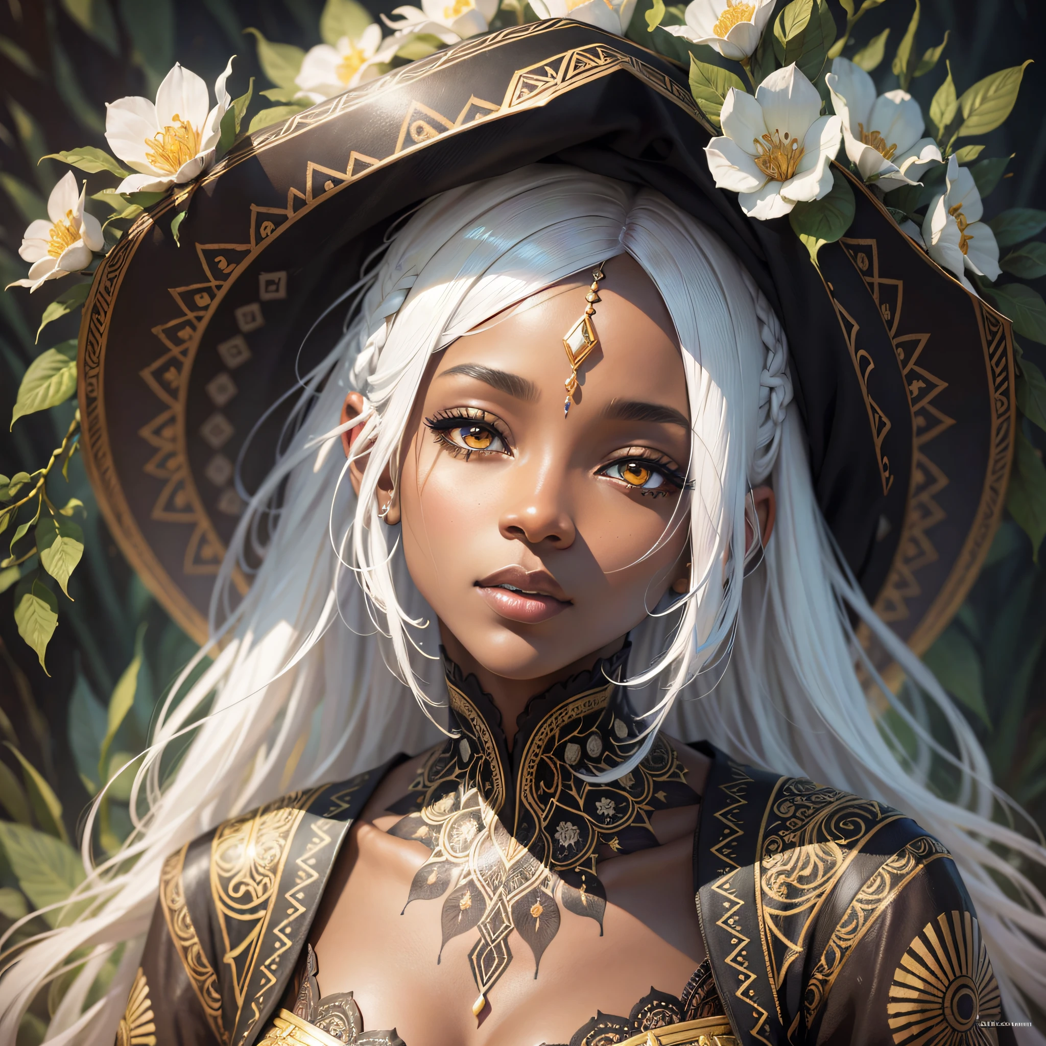 African Queen of flowers,  (((black beautiful woman))), fantasy  highly detailed, watercolor,creepy, , dynamic lighting, lights, digital painting, intricated pose, highly detailed,  filigree, intricated, clarity, high quality, forest, complex background, dynamic lighting, lights, digital painting, intrecate pose, highly detailed, filigree, intricated, clarity, high quality, a light in the darkness, detailed oil painting, ultra highly detailed, 32k, sharp focus, luminism,, clear eyes, realistic, extremely delicate and beautiful, intricate detail, beautifully painted, intricately detailed, triadic colors, deep color, digital art, golden ratio, symetrical eyes, centered, highly detailed watercolor manga painting, surrealism, luminism, mystical, white hair