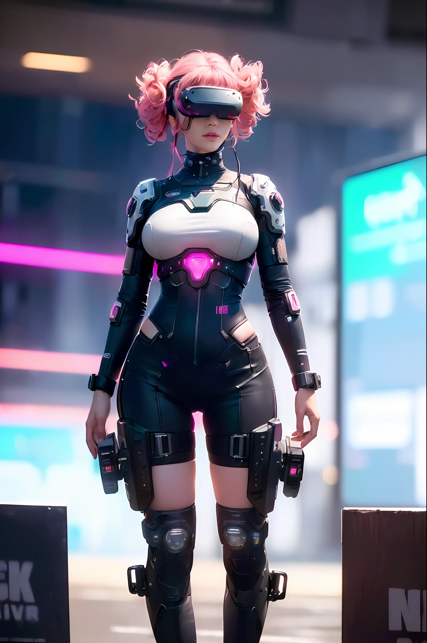 (high resolution, photorealistic, realistic, best quality, photorealistic), (8k, raw photo, best quality, masterpiece), (photon mapping, radiosity, physical-based rendering, automatic white balance), technological sense, best quality, masterpiece, illustration, CG, unit, wallpaper, official art, amazing, fine details, extremely delicate and beautiful, extremely detailed, highly detailed, sharp focus, rich background, blurred background, (real person, photography), ((( highly detailed skin,visible pores))),1 girl,full body,(((Ghost In The Shell))) ((((close-up of face,creepy smile,moist lips)))), ((iris and rounded pupils,pupil reflects environment,eyes are not the same size)), ((Big eyes,perfect eyes,watery eyes)), (((curly full hair,pink hair)), (((Big breasts)), ( (Cyberpunk 2077, Future, City, Skyscraper)), ((((Neon, Display Screen, Advertising))), Night, Flood, Reflection, Tight combat uniform, stainless steel, LED, laser, ((Data cable, fiber optics, computer,VR)),current