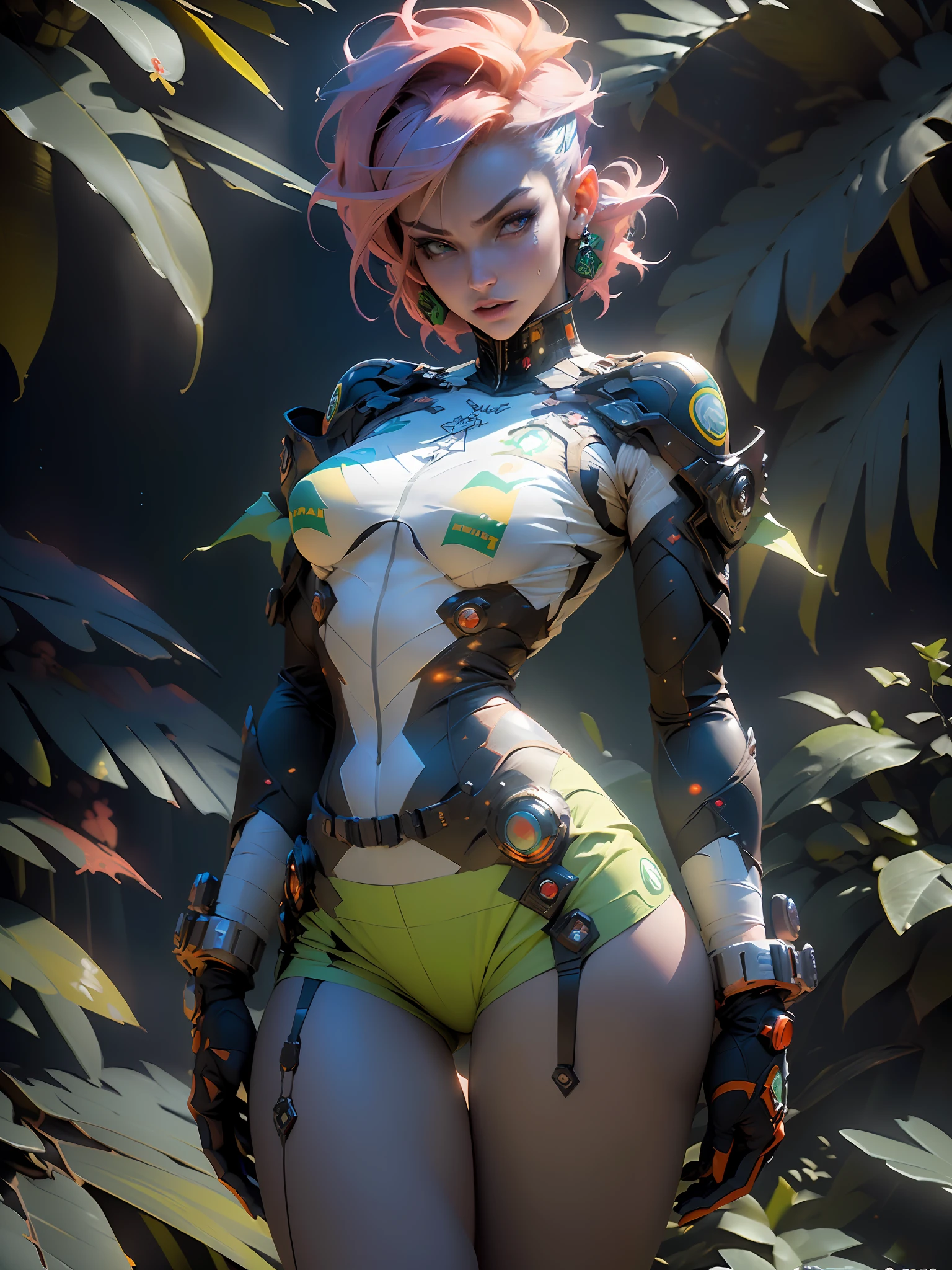 ((Best quality)), ((masterpiece)), (detailed: 1.4), woman defined body, full body, bare thighs, body parts covered by futuristic retro clothing with various stickers glued by the body, (((large breasts)) perfect, generous neckline, pastel, orange mohawk hair with small white locks, short underwear, garter belt, by mucha, niji, close to real, best quality, almost naked, psychopath, crazy face,  action pose, sexy pose, starry night background, imitating outfit, hexagonal tattoos, green bra with white stars, 5-pointed stars painted breasts, ((((clothes with the colors of the Brazilian flag))), shoulder pads with pointed pins, red eyes without pupils, HDR (High Dynamic Range),Ray Tracing,NVIDIA RTX,Super-Resolution,Unreal 5,Subsurface dispersion, PBR texture,  Post-processing, Anisotropic filtering, Depth of field, Maximum clarity and sharpness, Multilayer textures, Albedo and specular maps, Surface shading, Accurate simulation of light-material interaction, Perfect proportions, Octane Render, Two-tone lighting, Wide aperture, Low ISO, White balance, Rule of thirds, 8K RAW, crysisnanosuit