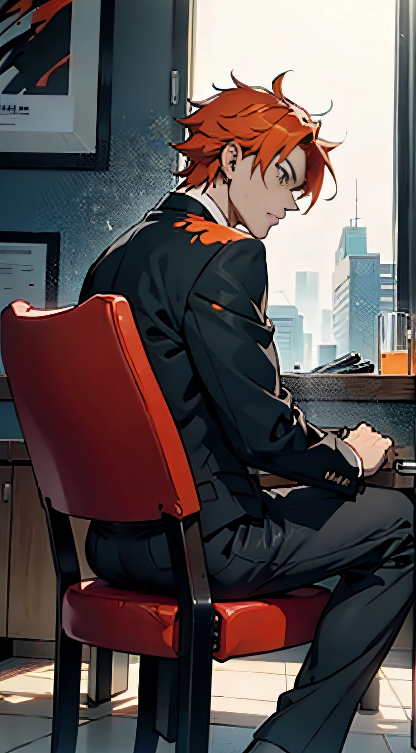 An anime character in a tuxedo sits in an orange chair, looking to his left, back, wearing exploding glass