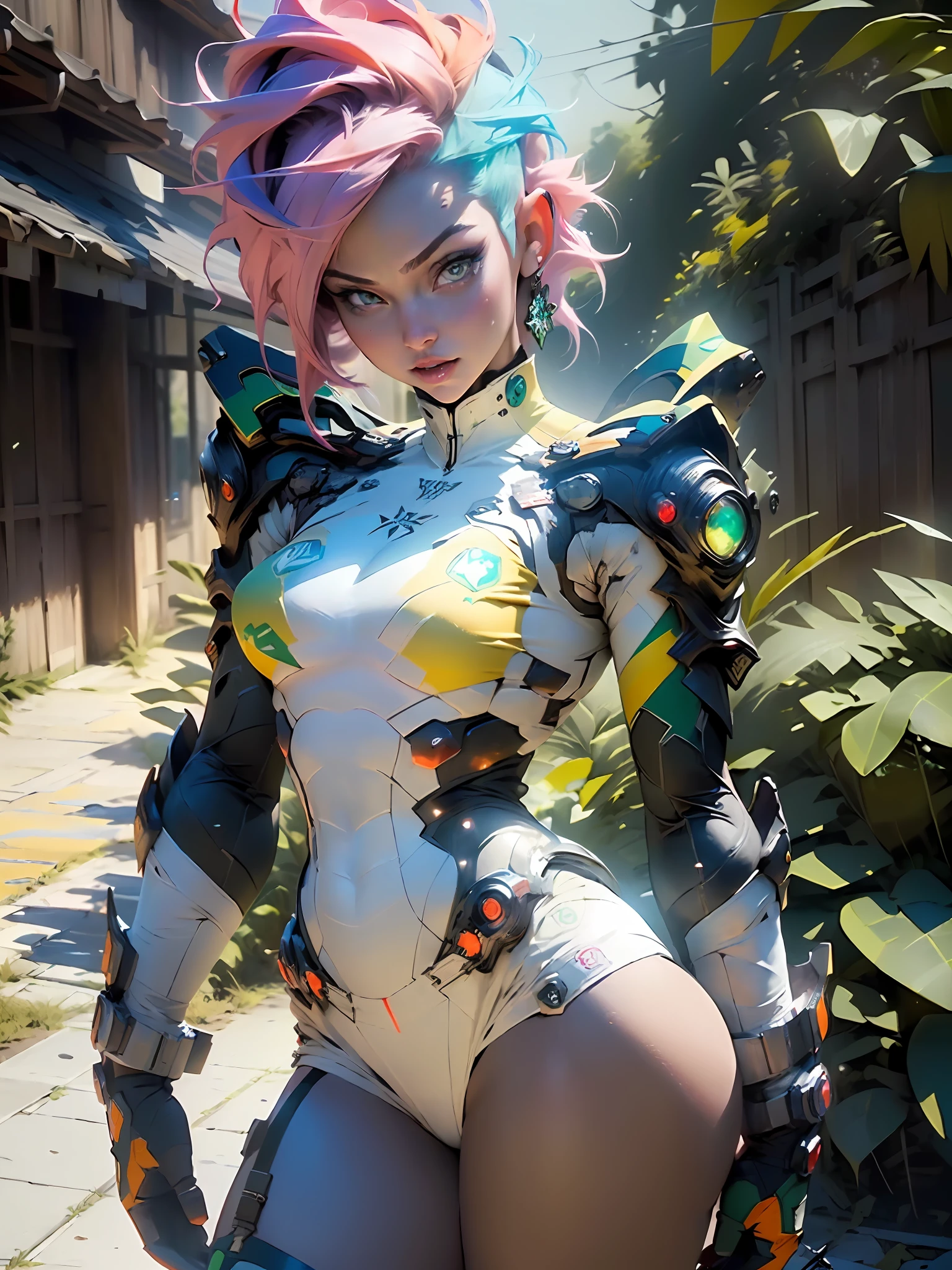 ((Best quality)), ((masterpiece)), (detailed: 1.4), woman defined body, full body, bare thighs, body parts covered by futuristic retro clothing with various stickers glued by the body, (((large breasts)) perfect, generous neckline, pastel, orange mohawk hair with small white locks, short underwear, garter belt, by mucha, niji, close to real, best quality, almost naked, psychopath, crazy face, action pose, sexy pose, starry night background, imitating outfit, hexagonal tattoos, green bra with white stars, 5-pointed stars painted breasts, ((((clothes with the colors of the Brazilian flag))), shoulder pads with pointed pins, red eyes without pupils, HDR (High Dynamic Range),Ray Tracing,NVIDIA RTX,Super-Resolution,Unreal 5,Subsurface dispersion, PBR texture, Post-processing, Anisotropic filtering, Depth of field, Maximum clarity and sharpness, Multilayer textures, Albedo and specular maps, Surface shading, Accurate simulation of light-material interaction, Perfect proportions, Octane Render, Two-tone lighting, Wide aperture, Low ISO, White balance, Rule of thirds, 8K RAW, crysisnanosuit