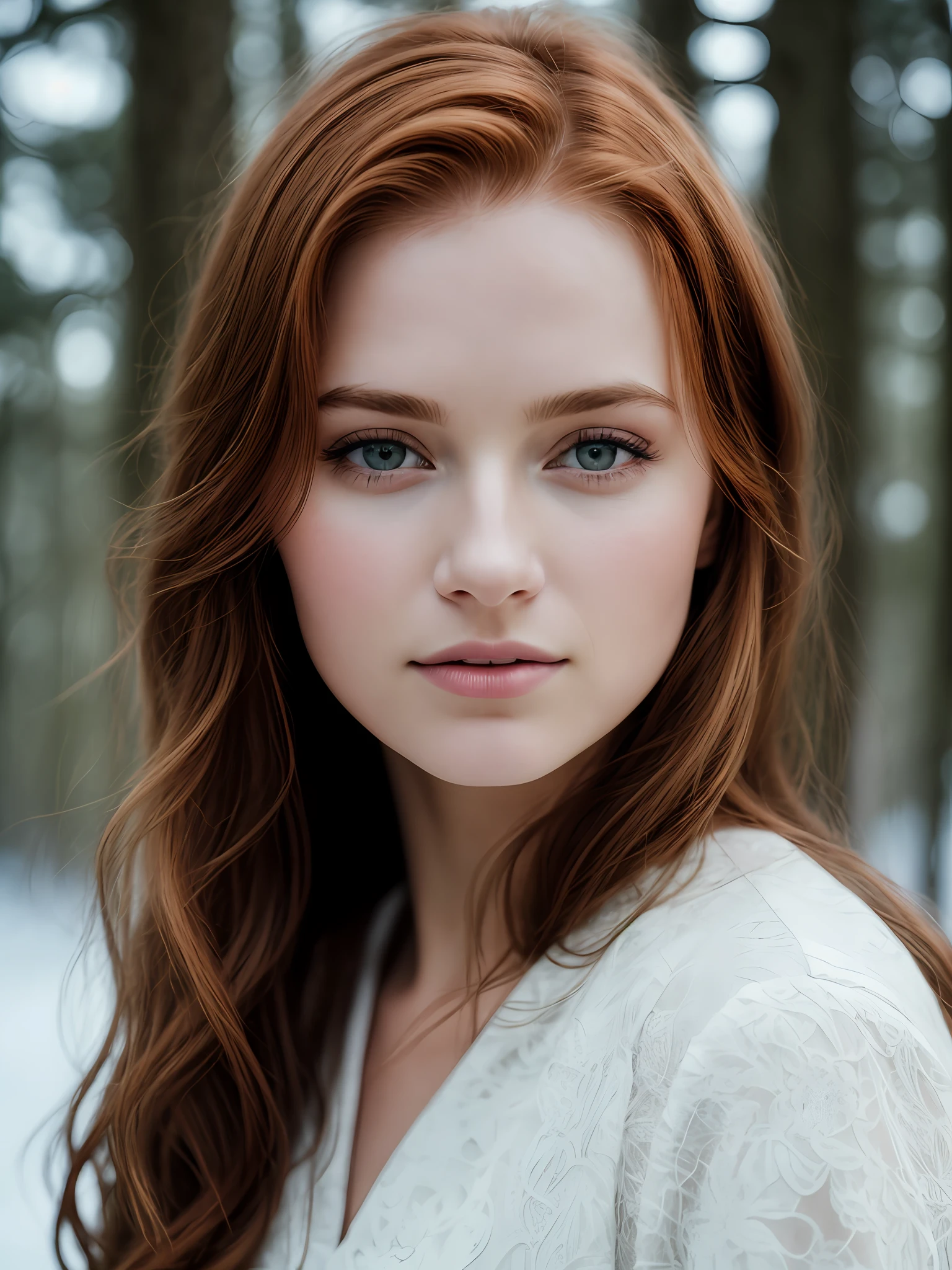 close up of a european woman, ginger hair, winter forest, natural skin texture, 24mm, 4k textures, soft cinematic light, RAW photo, photorealism, photorealistic, intricate, elegant, highly detailed, sharp focus, ((((cinematic look)))), soothing tones, insane details, intricate details, hyperdetailed, low contrast, soft cinematic light, dim colors, exposure blend, hdr, faded