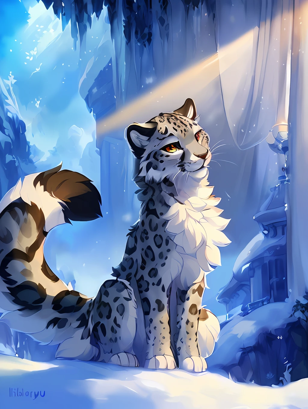 Animal focus,, three-quarters view, (wild)+,, fur, raised tail, large eyes, pupils, paws, (symmetrical)++, pink fur,( knot, anatomically correct, anatomically correct, (anatomically correct, ( animal, animal, in heat, y, masterpiece, best quality, by Hioshiru, Snowskau, Foxovh. Imbrato Impressionists, Nguyen Jia, Pino Dyney, Detailed background, detailed images, detailed hair, god rays, high details, cinematic lighting, (avatar), snow leopard