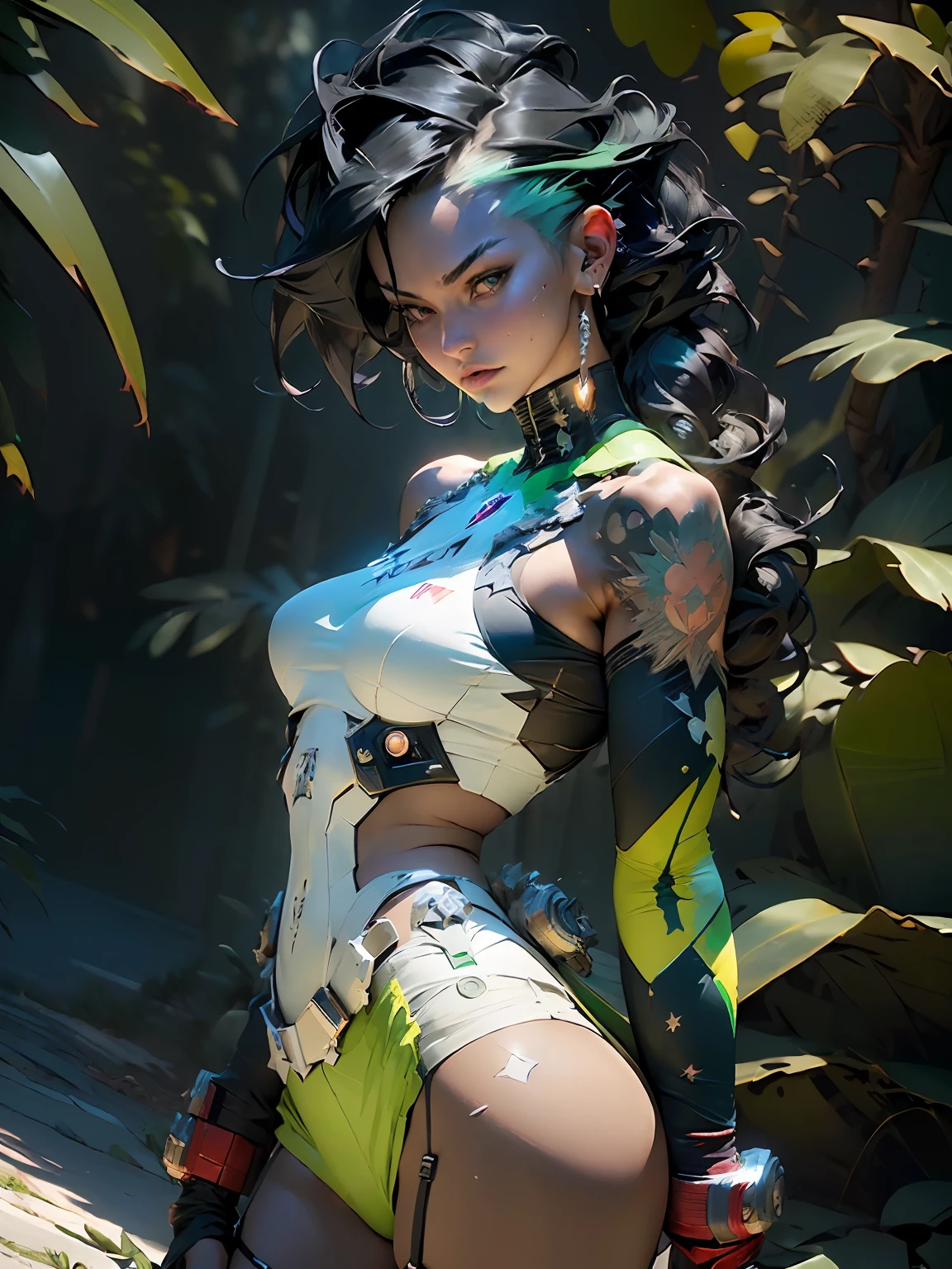 ((Best quality)), ((masterpiece)), (detailed: 1.4), (((green))), woman defined body, whole body, bare thighs, body parts covered by futuristic retro clothing with various stickers glued by the body, green is the predominant color in clothing, use blue, yellow and a little white, tanned and sweaty skin, (((large breasts)) perfect, generous neckline, pastel, black mohawk hair with small white locks, short underwear, garter belt, by mucha, niji, close to real, best quality, almost naked, psychopath, crazy face, action pose, sexy pose, starry night background, imitating outfit, tattoos flag of Brazil, green bra with white stars, 5-pointed stars painted the breasts, ((((clothes with the colors of the flag of Brazil))), shoulder pads with pointed pins, Red eyes without pupils, HDR (High Dynamic Range),Ray Tracing,NVIDIA RTX,Super-Resolution,Unreal 5,Subsurface dispersion, PBR texture, Post-processing, Anisotropic filtering, Depth of field, Maximum clarity and sharpness, Multilayer textures, Albedo and specular maps, Surface shading, Accurate simulation of light-material interaction, Perfect proportions, Octane Render, Two-tone lighting, Wide aperture, Low ISO, White balance, Rule of thirds, 8K RAW, crysisnanosuit