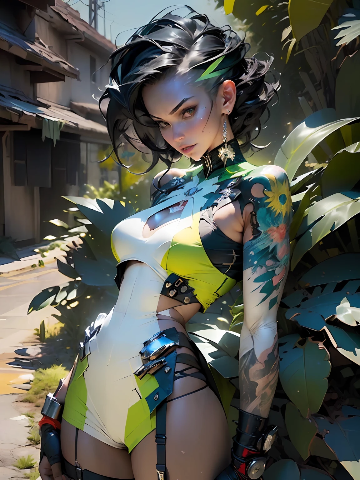 ((Best quality)), ((masterpiece)), (detailed: 1.4), (((green))), woman defined body, whole body, bare thighs, body parts covered by futuristic retro clothing with various stickers glued by the body, green is the predominant color in clothing, use blue, yellow and a little white, tanned and sweaty skin, (((large breasts)) perfect, generous neckline, pastel, black mohawk hair with small white locks,  short underwear, garter belt, by mucha, niji, close to real, best quality, almost naked, psychopath, crazy face, action pose, sexy pose, starry night background, imitating outfit, tattoos flag of Brazil, green bra with white stars, 5-pointed stars painted the breasts, ((((clothes with the colors of the flag of Brazil))), shoulder pads with pointed pins,  Red eyes without pupils, HDR (High Dynamic Range),Ray Tracing,NVIDIA RTX,Super-Resolution,Unreal 5,Subsurface dispersion, PBR texture, Post-processing, Anisotropic filtering, Depth of field, Maximum clarity and sharpness, Multilayer textures, Albedo and specular maps, Surface shading, Accurate simulation of light-material interaction, Perfect proportions, Octane Render, Two-tone lighting, Wide aperture, Low ISO, White balance,  Rule of thirds, 8K RAW, crysisnanosuit