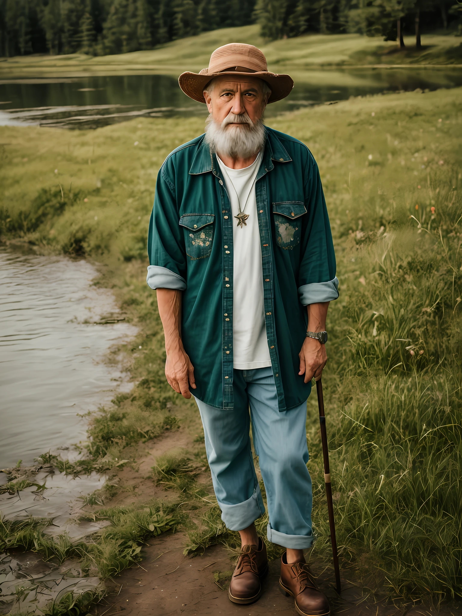 Old man standing at the edge of a lake, hyper detail. The sun is setting. Lush green grass. RAW photo. 4k. Tattered hat. Well worn shoes. Old clothes. Flannel shirt. Huge beard. Leaning on a wooden cane